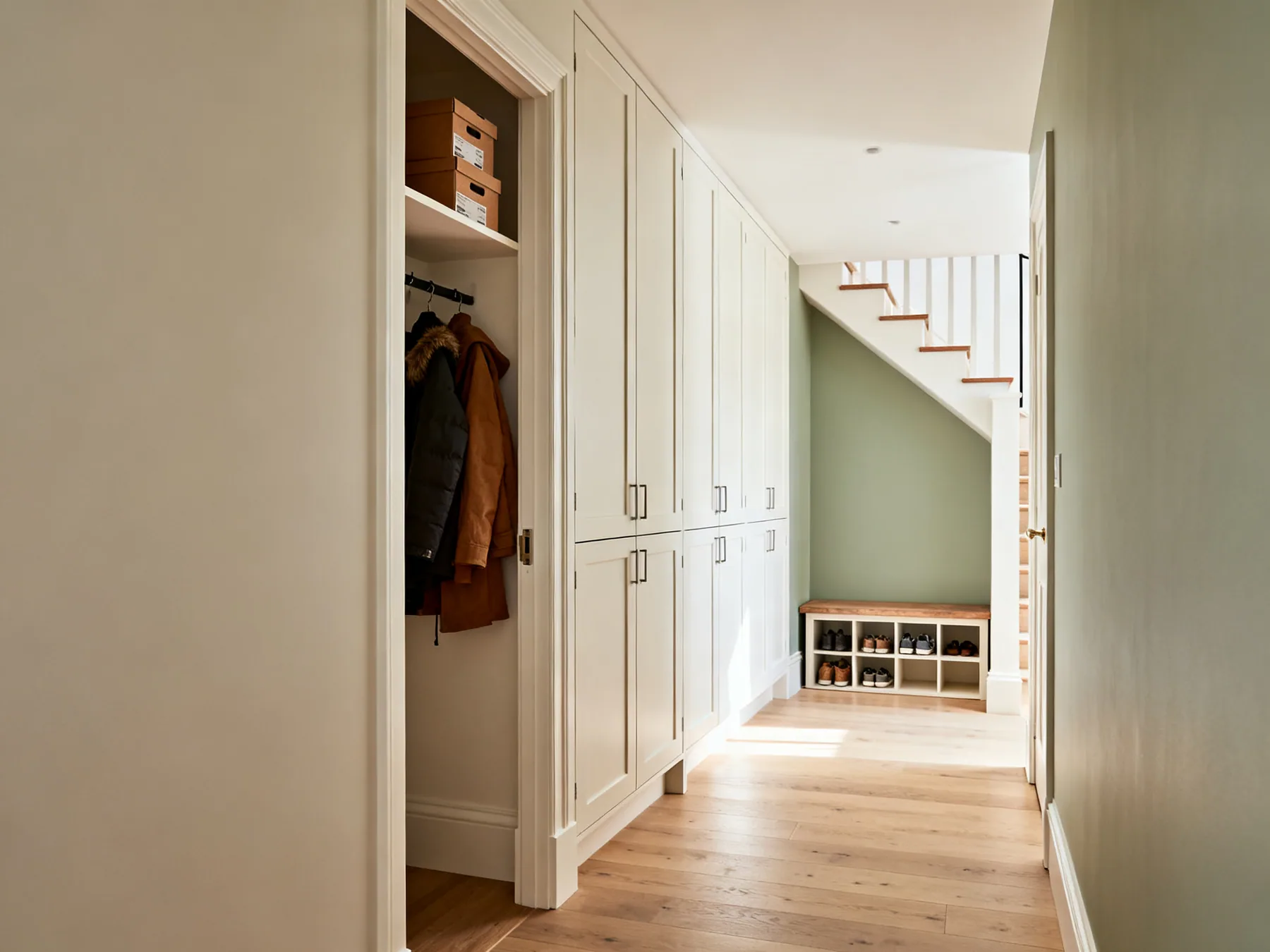 The spaces that exist purely to store things A hallway with floor-to-ceiling built-in cupboards, one open showing coats and boxes, a bench with shoe cubbies and the underside of a staircase beyond