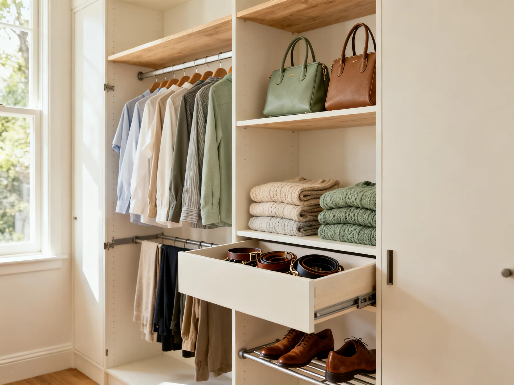 Storage for what you wear and carry An open wardrobe arranged by category with hanging shirts, short stacks of folded knitwear, upright handbags on a high shelf, coiled belts in a shallow drawer and angled shoes below
