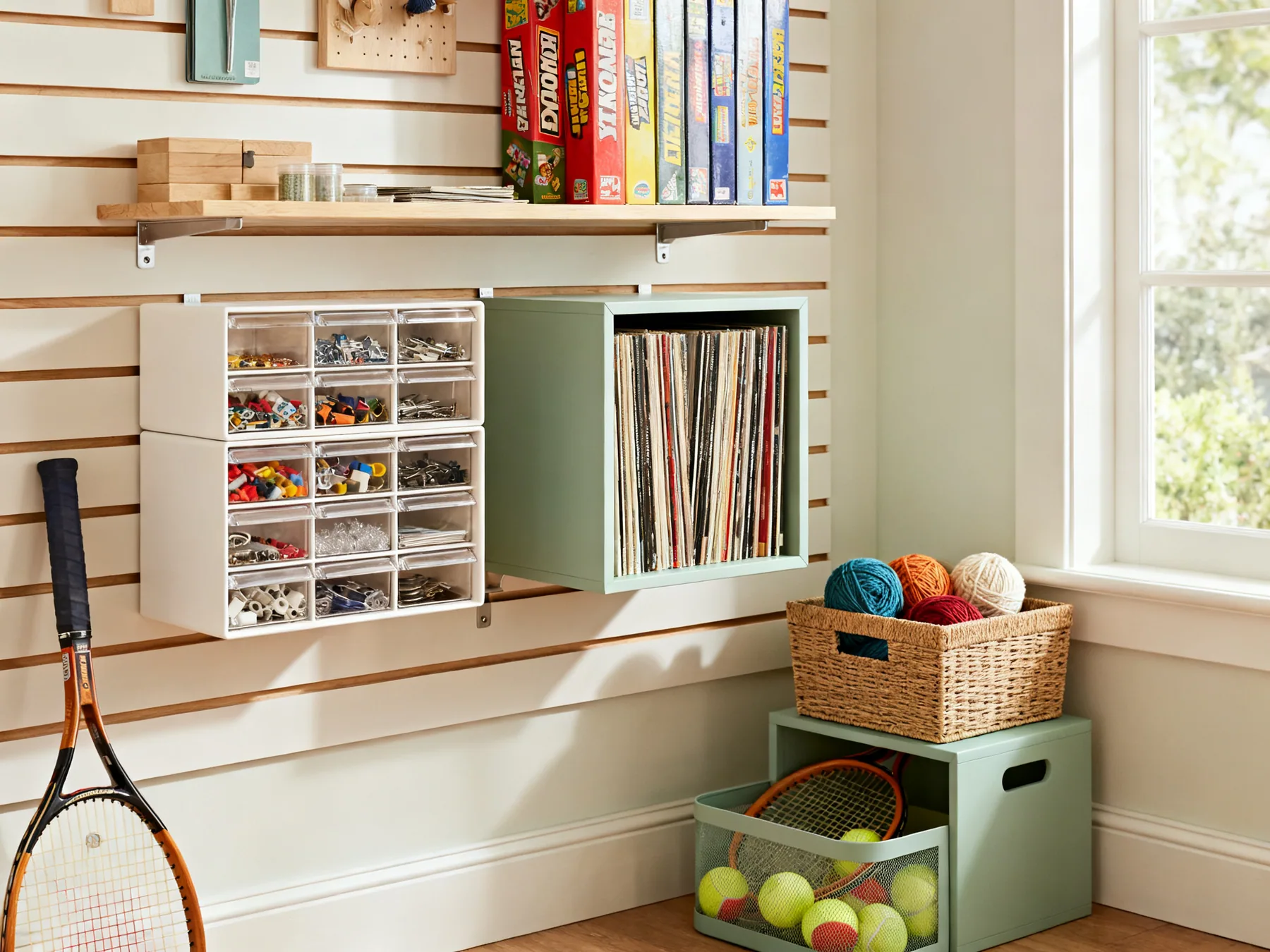 Storage for collections and kit A hobby storage wall with transparent shallow drawers of sorted parts, upright board game boxes, vinyl records stored vertically, a basket of yarn and a bin of sports equipment below