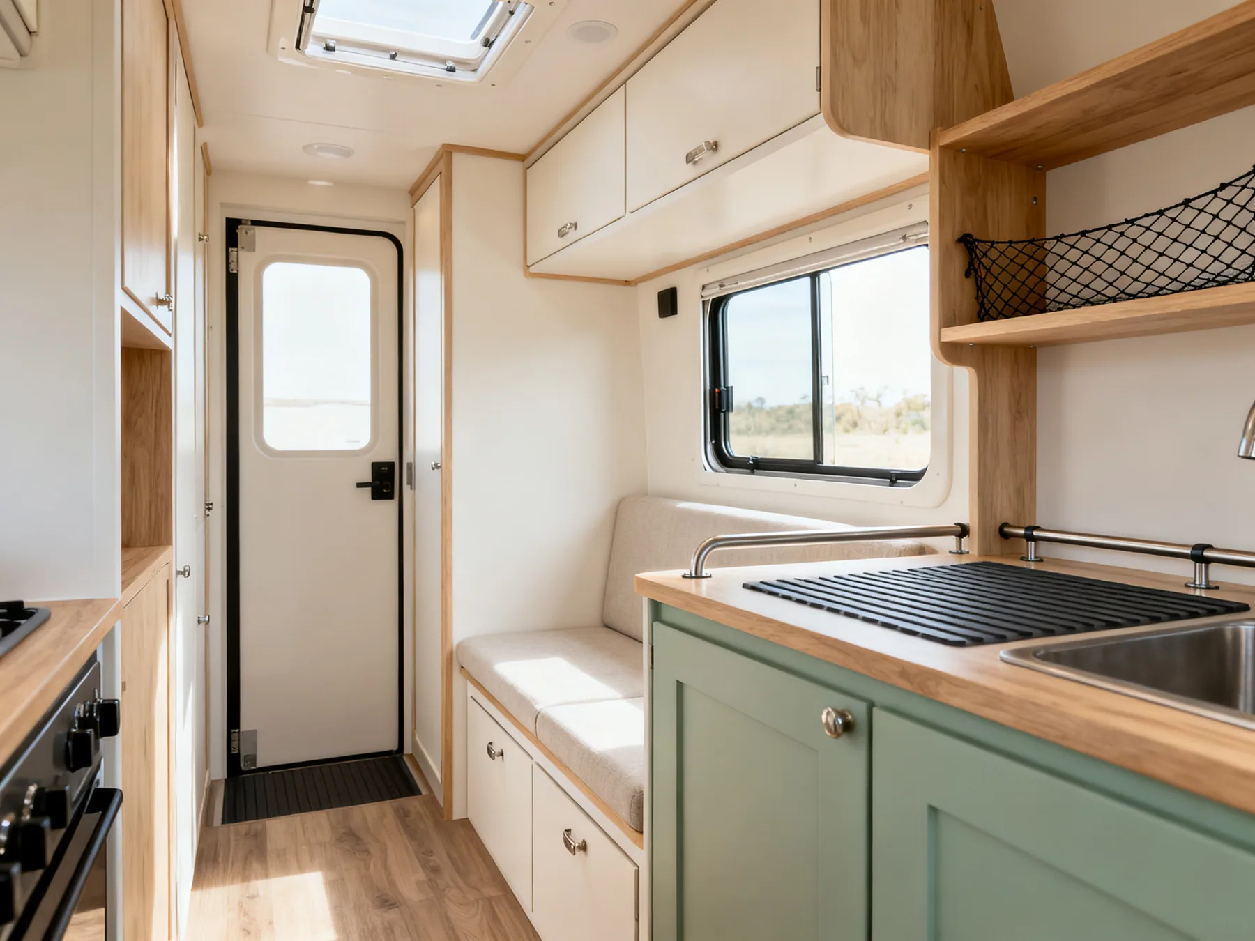 Storage that depends on the kind of home A compact camper van interior with overhead lockers, a bench seat with drawers beneath, a narrow galley with retaining rails and netting across an open shelf