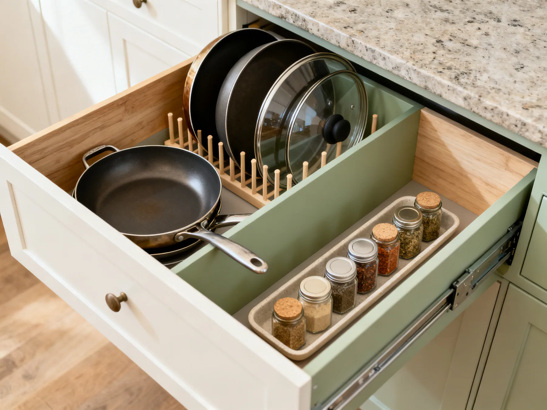 Storage for what lives in the kitchen An open kitchen drawer from above with pans stood on edge behind peg dividers, pot lids in a vertical rack and a row of labelled spice jars in a shallow tray