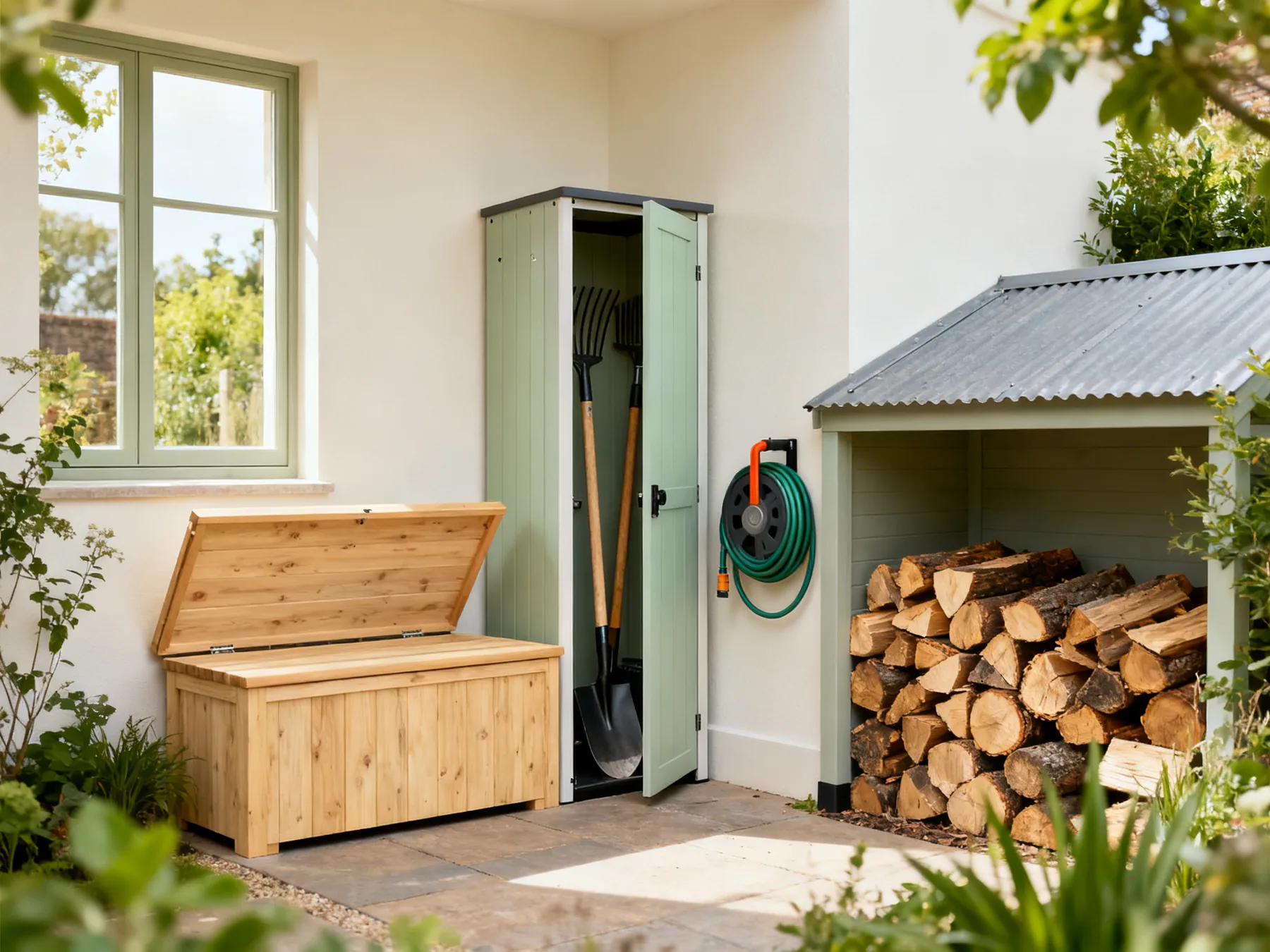 Weatherproof storage for outside A garden corner with a lidded timber storage bench, an open vertical tool store holding spades and rakes, a wall-mounted hose reel and stacked firewood under a lean-to