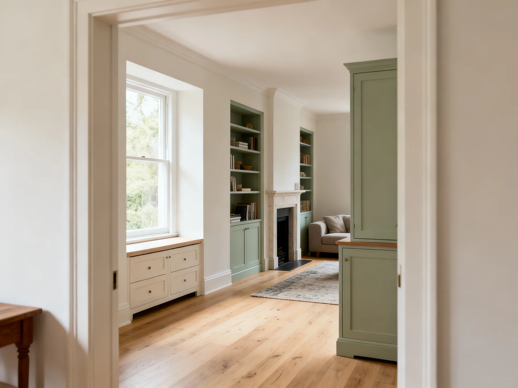 Storage for the rooms you live in An open-plan living space with low cabinets under a window, full-height shelving beside a chimney breast and a closed sideboard
