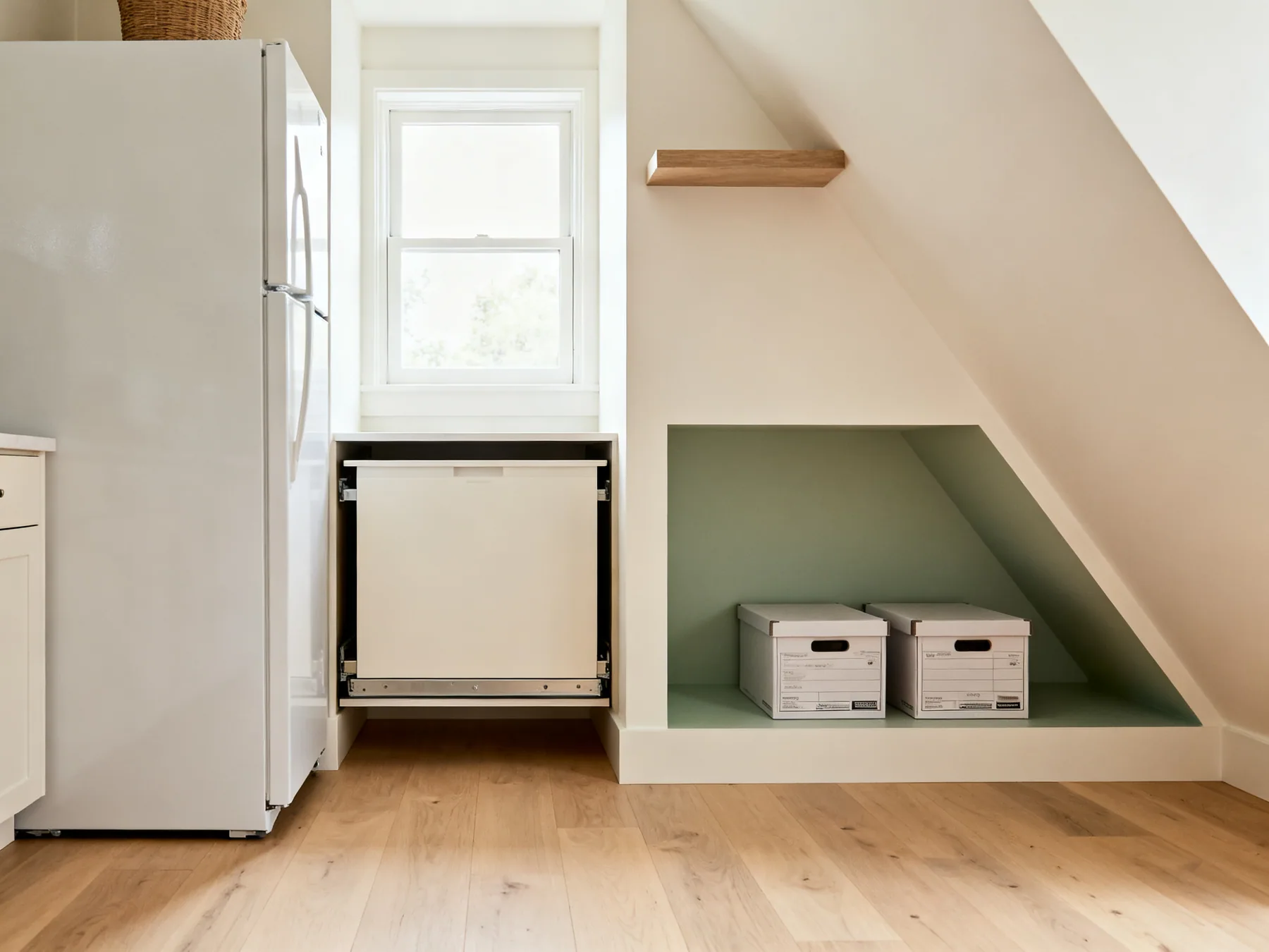 The gaps most people write off Three awkward spaces in use at once: a pull-out unit in the narrow gap beside a fridge, a shelf fitted into an alcove, and boxes tucked under a sloped ceiling