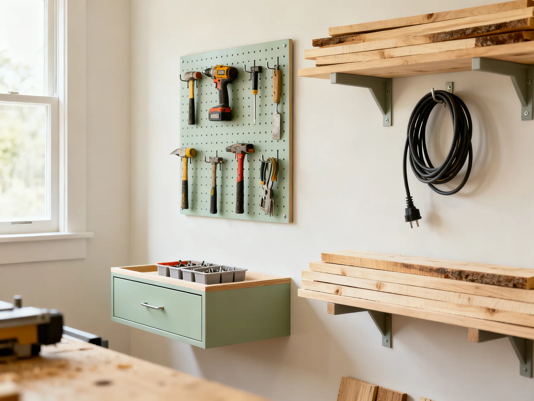 Storage for tools and materials A workshop wall with a pegboard of hand tools on individual hooks, a drawer unit of labelled parts bins, coiled extension leads on the wall and timber offcuts stacked flat on brackets