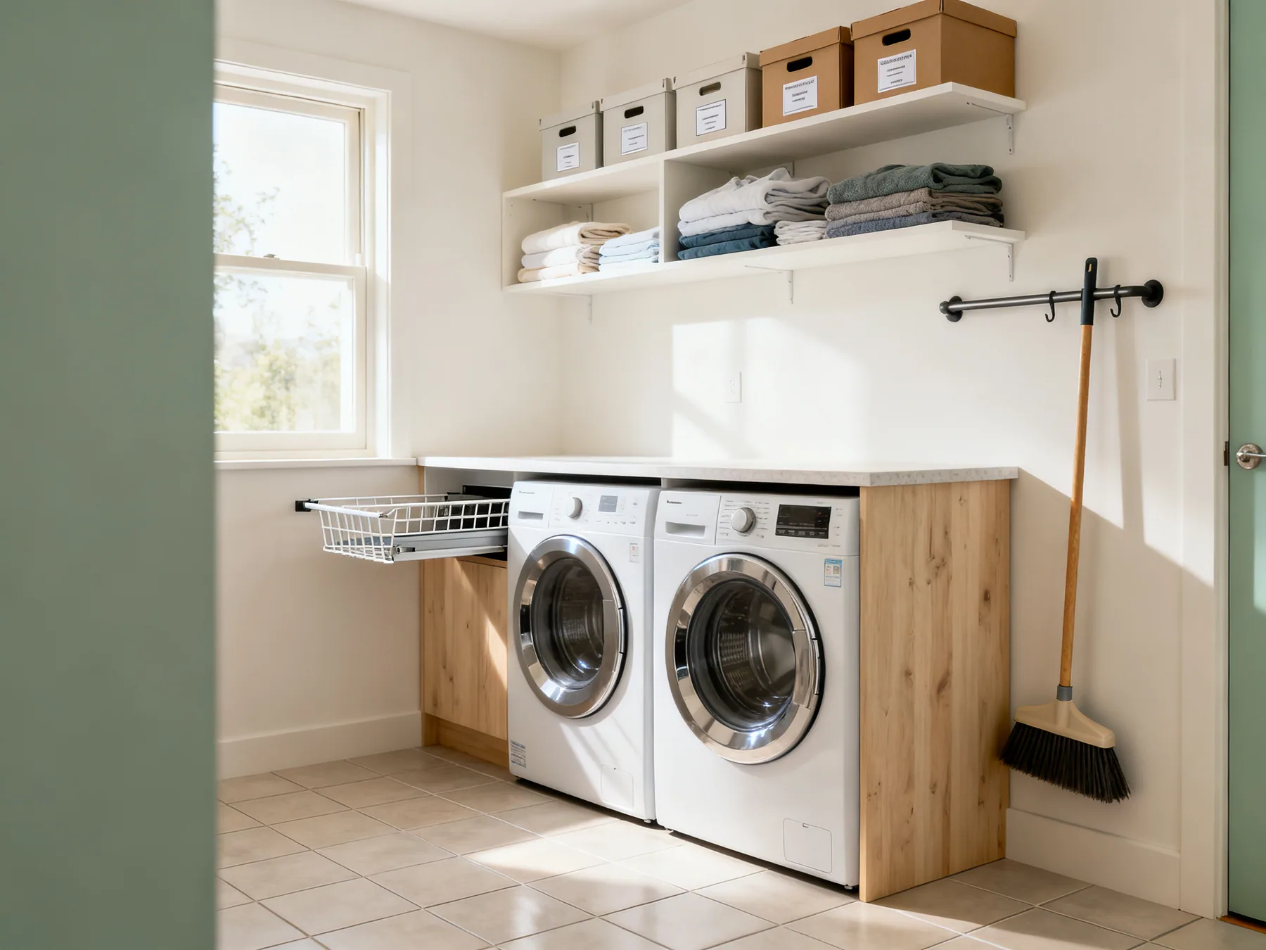 Storage for the rooms that do the work A utility room with a stacked washer and dryer under a worktop, shelving of folded laundry above, a pull-out drying rack and a broom and mop on a wall rail