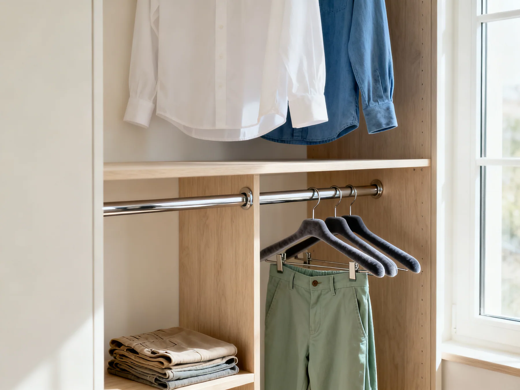 Two rails, each with about a metre of drop Detail of two hanging rails mounted one above the other, shirts on the top rail and folded trousers on the lower rail, with clear space between the tiers