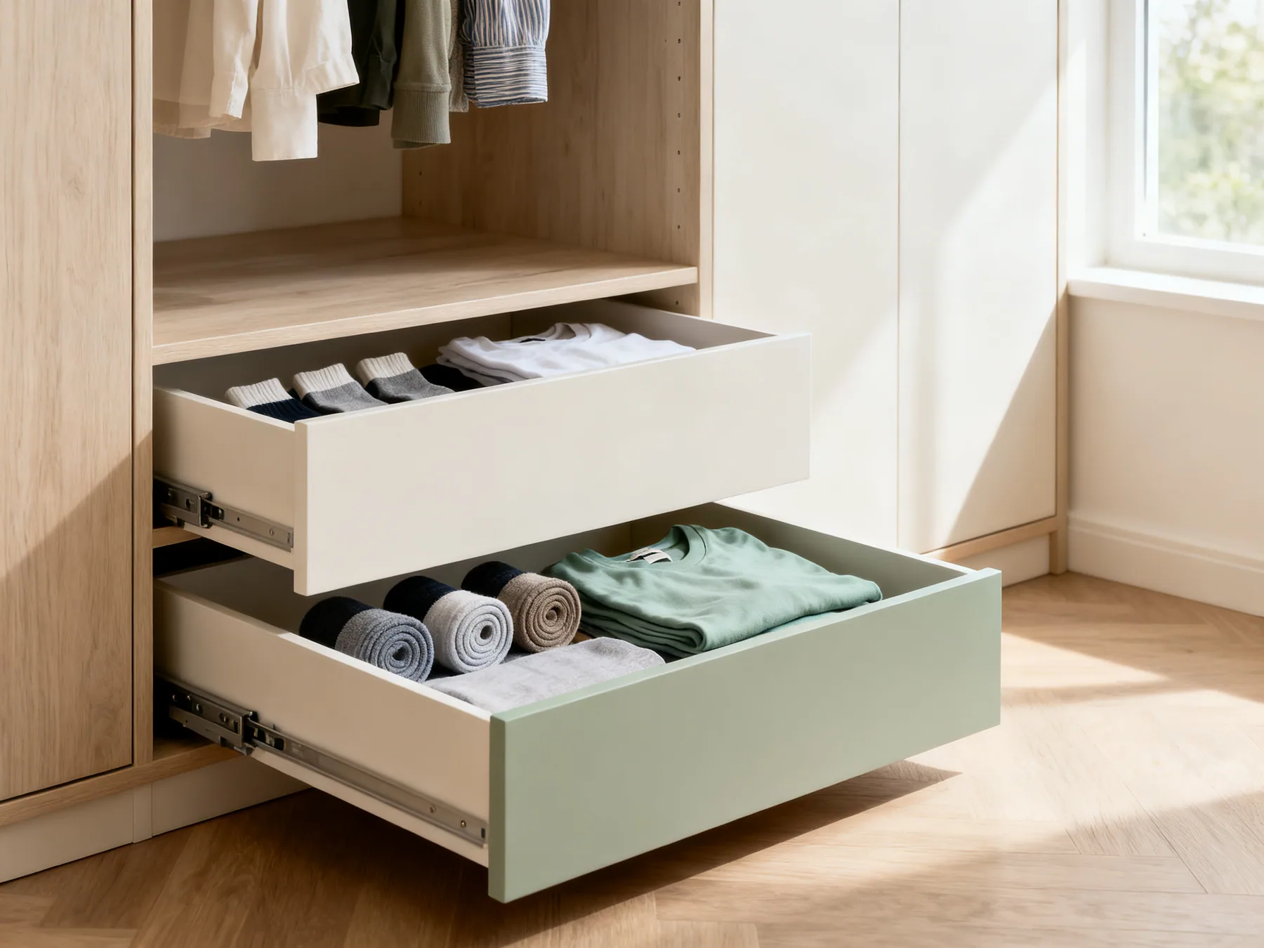 Shallow drawers on the closet floor Two shallow pull-out drawers sitting on a closet floor, one open showing rolled socks and folded t-shirts, with hanging garments above
