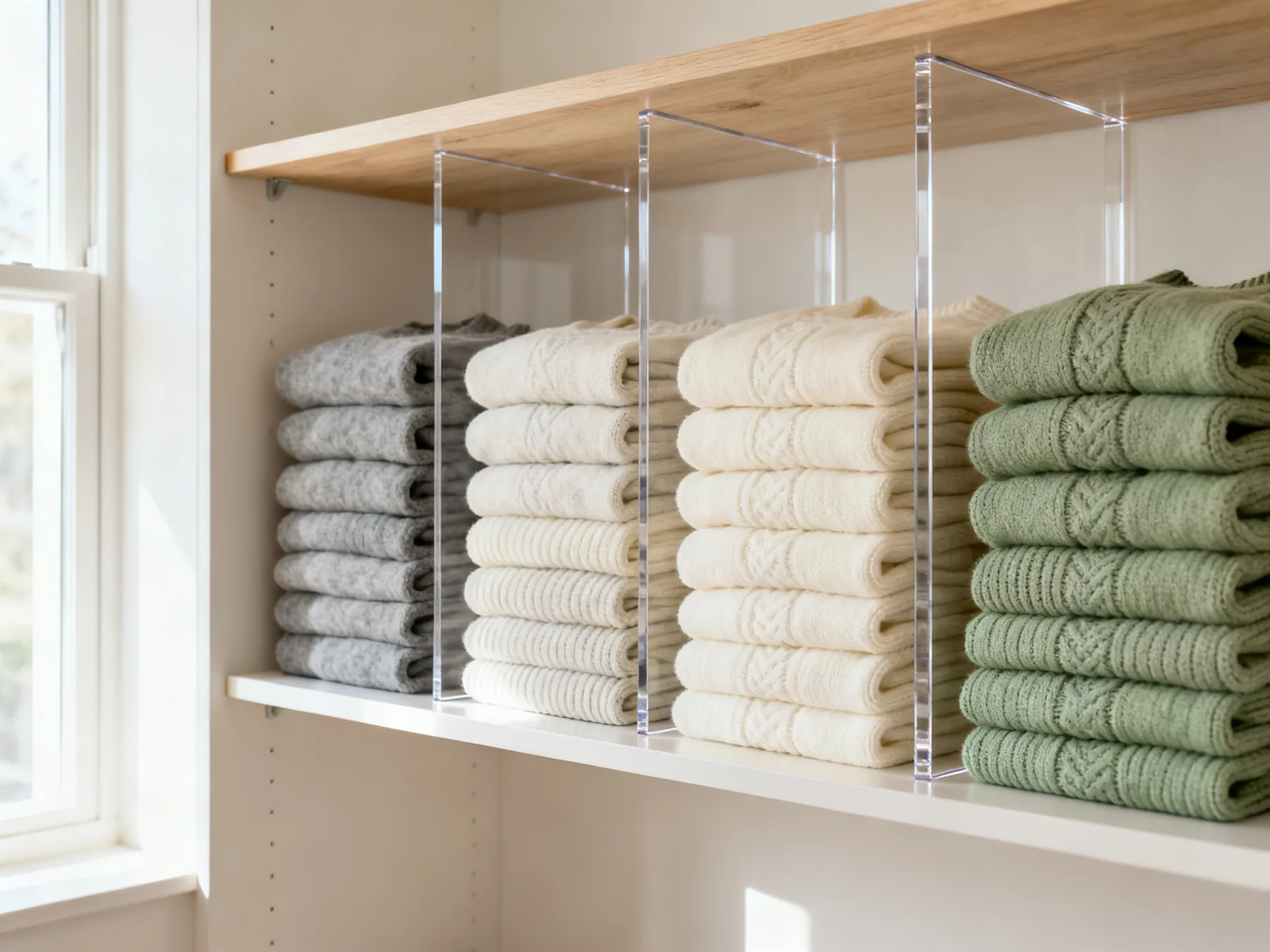 Vertical dividers keeping folded stacks upright A closet shelf with four short stacks of folded jumpers held upright and kept apart by clear acrylic vertical dividers