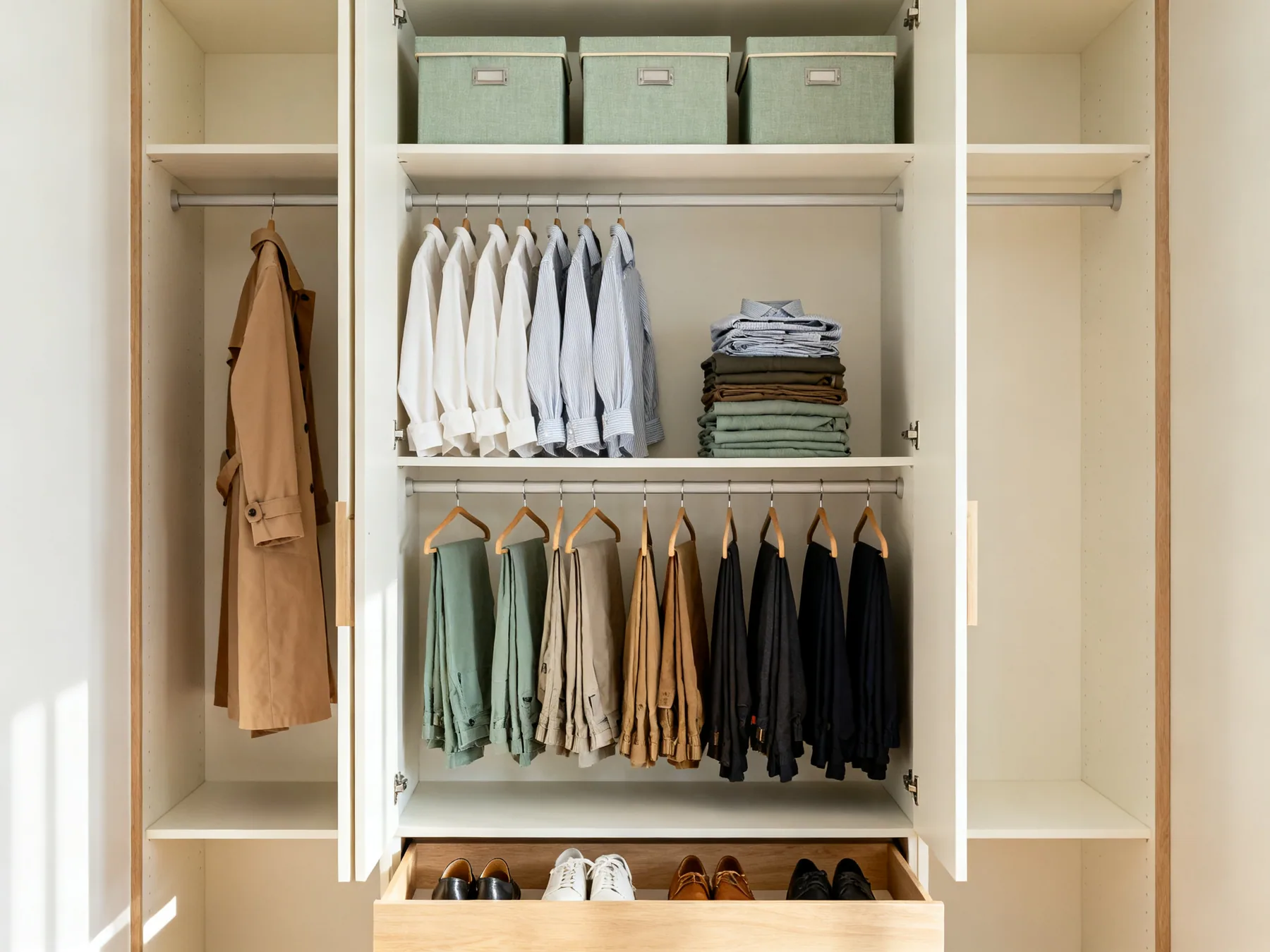 A closet split into double-hung and full-height sections A reach-in closet with two stacked hanging rails, shirts above and folded trousers below, a full-length section at one side for a long coat, and lidded boxes on the shelf above