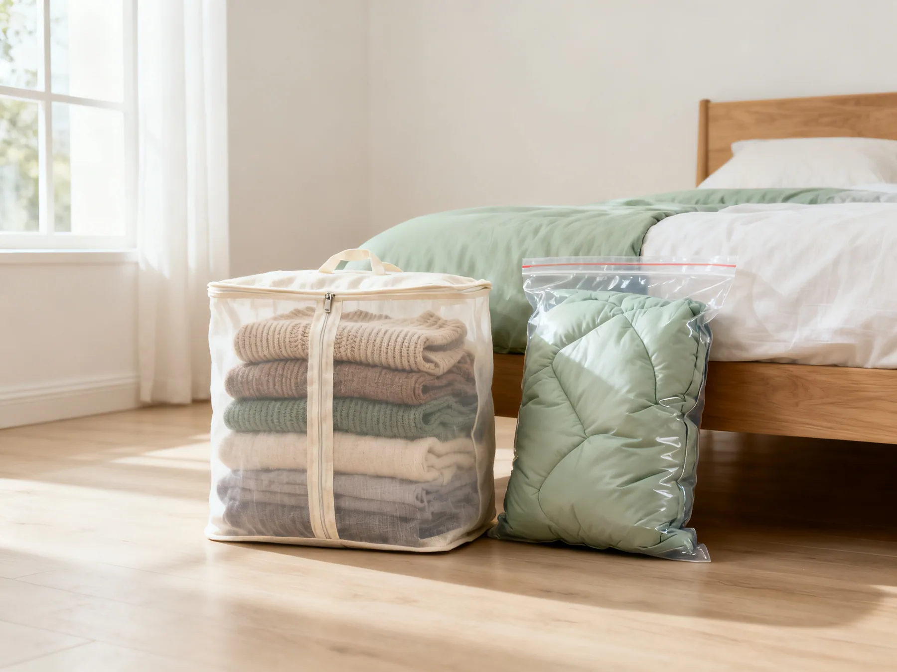 Compress the filling, never the fibres you care about A breathable cotton garment bag holding folded knitwear beside a part-filled vacuum compression bag holding a synthetic duvet