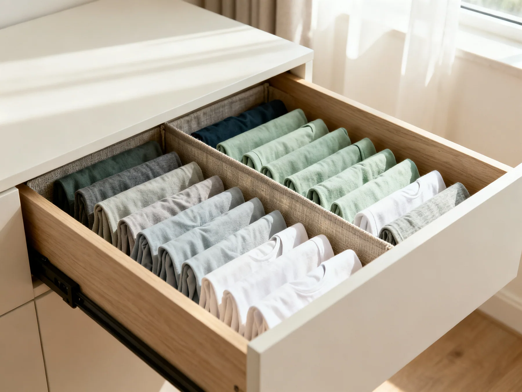 Every item visible, nothing buried A drawer from above filled with t-shirts folded to a uniform width and standing vertically on edge, with fabric dividers separating categories