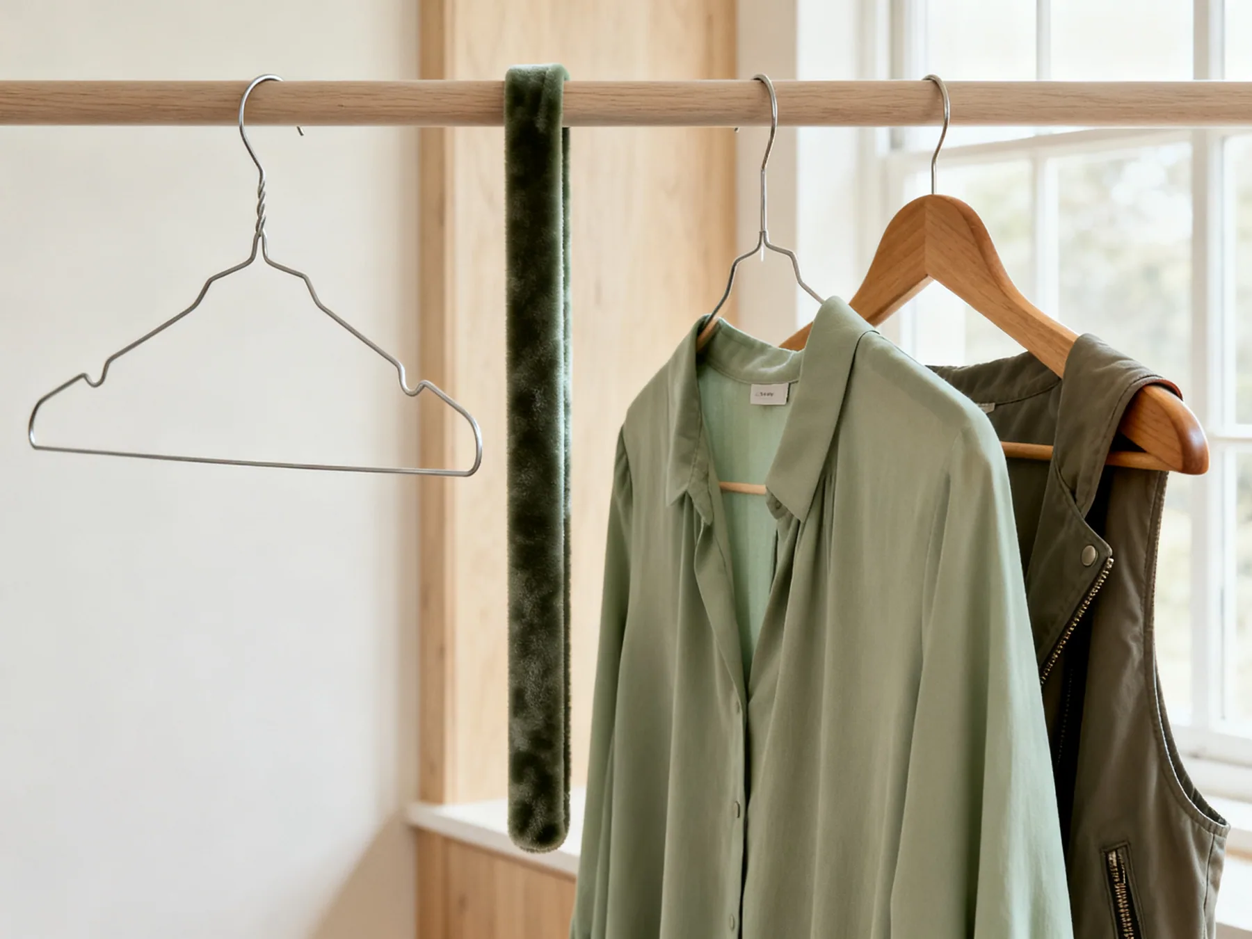 The hanger decides whether the shoulder survives Three hangers side by side on a rail: a thin wire hanger, a slim velvet-flocked hanger holding a blouse, and a broad wooden hanger supporting a jacket shoulder