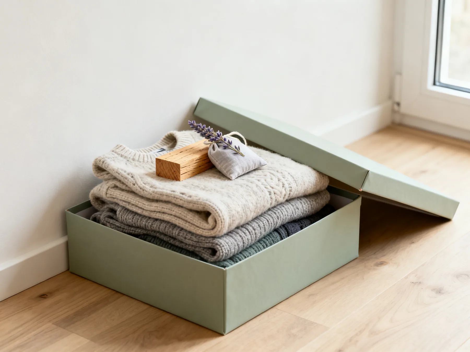 Moths go for wool that has been worn A lidded storage box holding folded wool jumpers with cedar blocks and a lavender sachet on top of the pile, lid propped open beside it