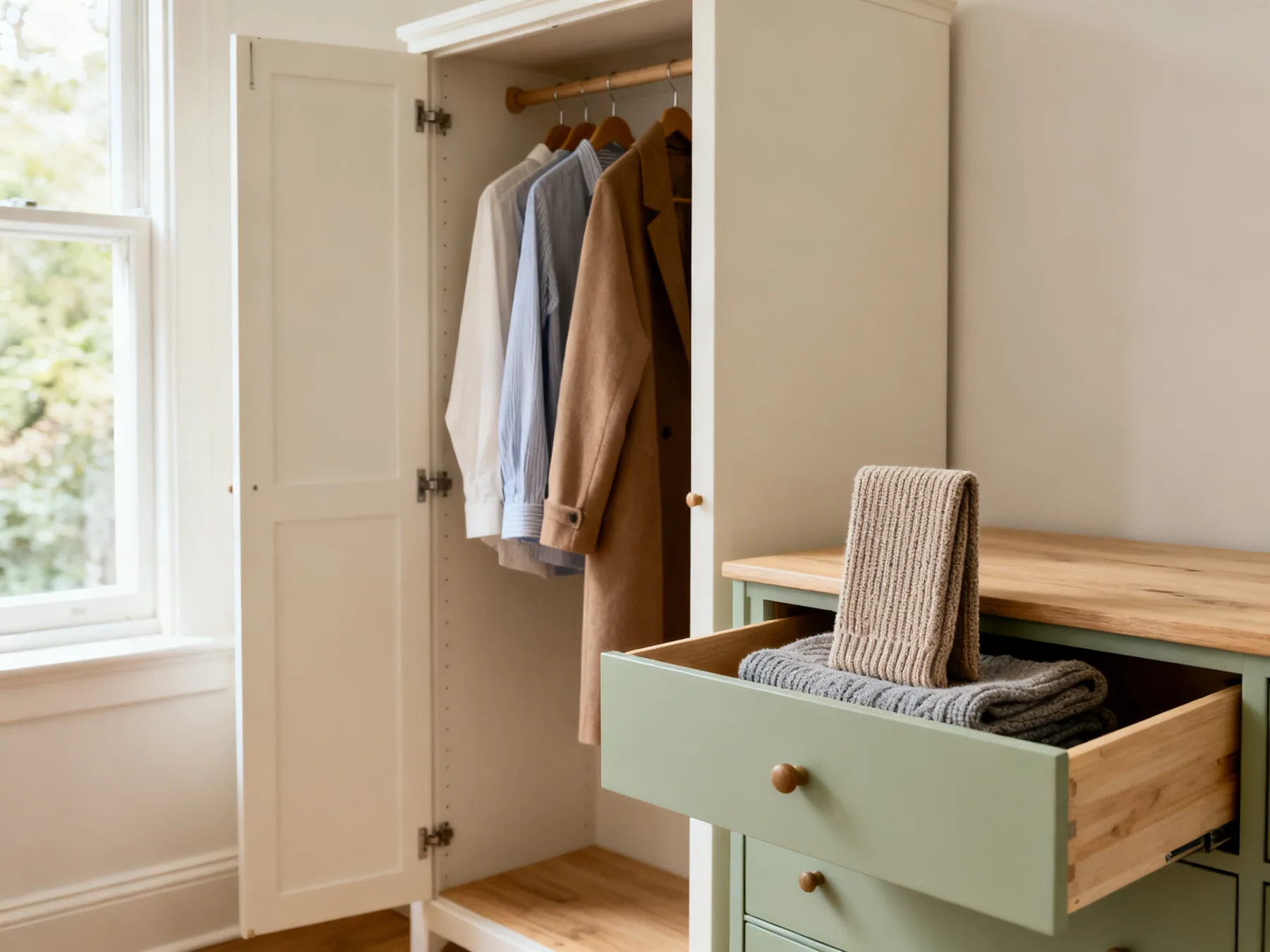 Hang what creases, fold what does not An open wardrobe holding hung shirts and a coat beside a chest of drawers with the top drawer open showing knitwear folded and standing on edge