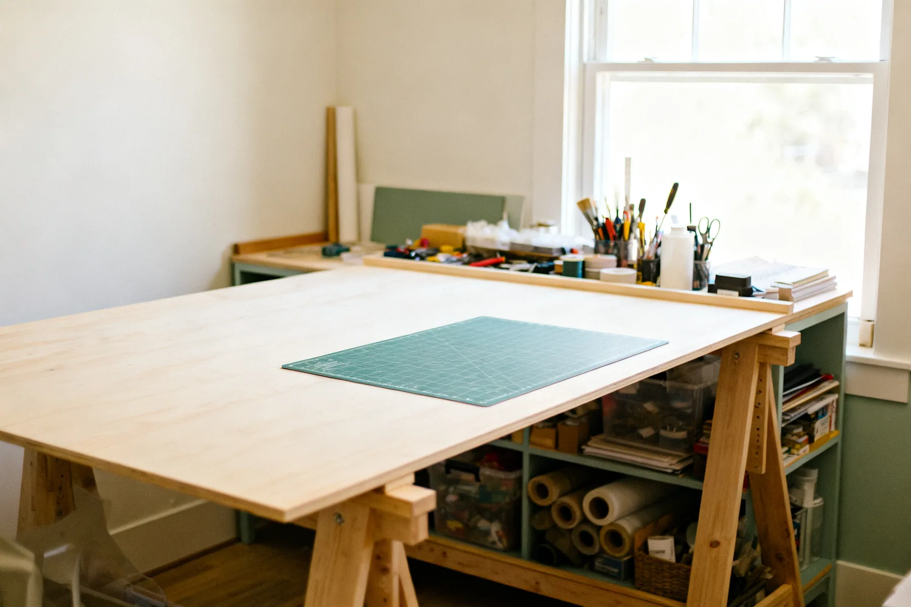 Protect the work surface above all A craft table with a clear working area in the middle, tools and materials in labelled storage at the back and sides, and a cutting mat ready