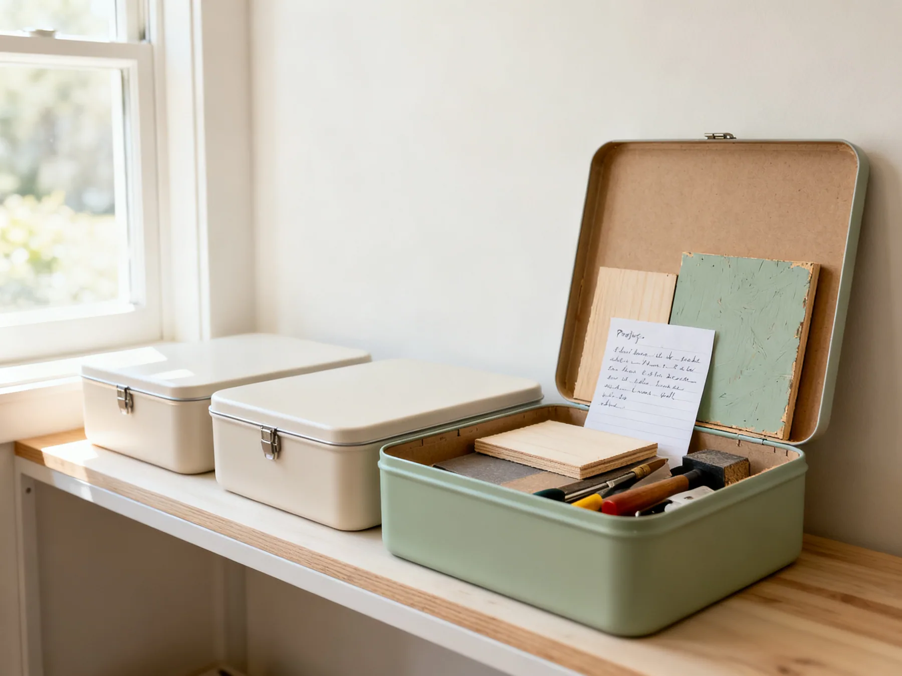 One box per project, notes included Three shallow lidded project boxes on a shelf, one open showing a part-finished piece with its materials, tools and a note