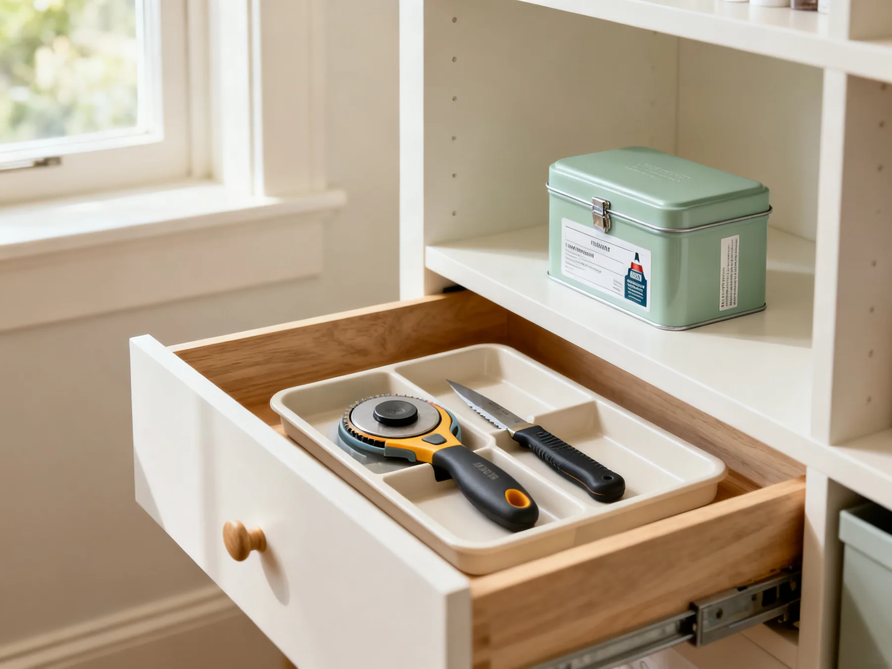 Blades guarded, solvents upright and high A craft drawer with a rotary cutter and craft knife stored blade-guarded in a divided tray, and a lidded box of adhesives on a high shelf