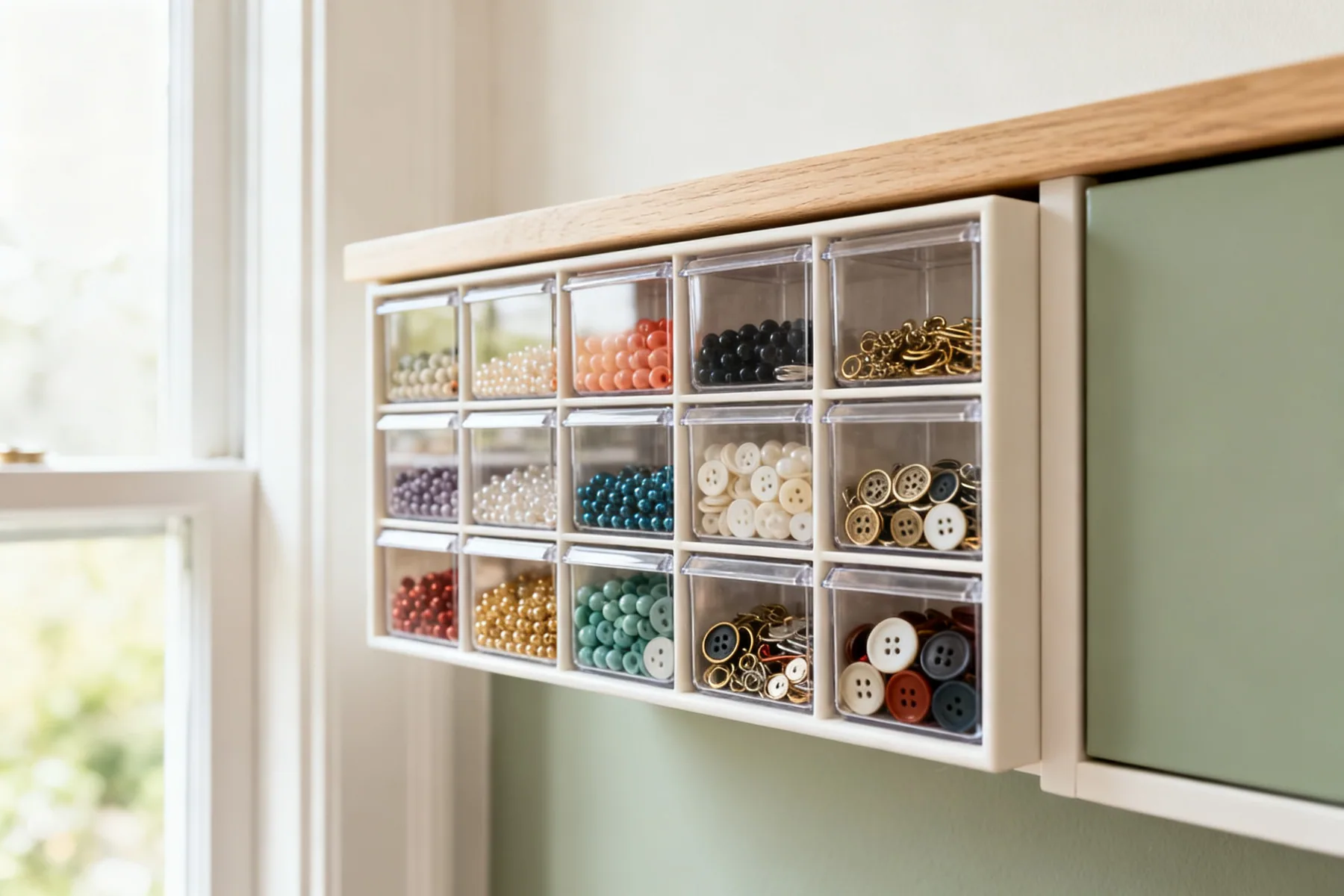 Small parts need clear fronts A wall cabinet of small clear drawers holding beads, buttons and findings sorted by colour and size, each labelled and visible through the front