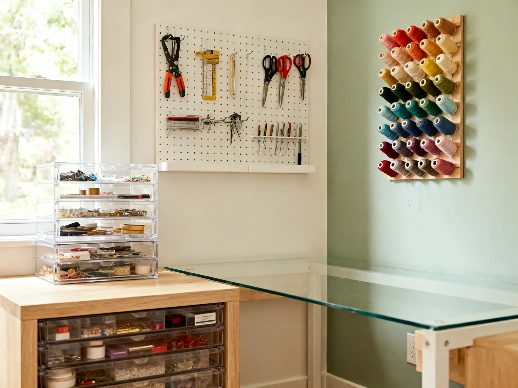 Craft supplies have to be visible to be used A bright craft room with clear labelled drawers of supplies, a pegboard of tools above a clear work surface, and threads arranged by colour