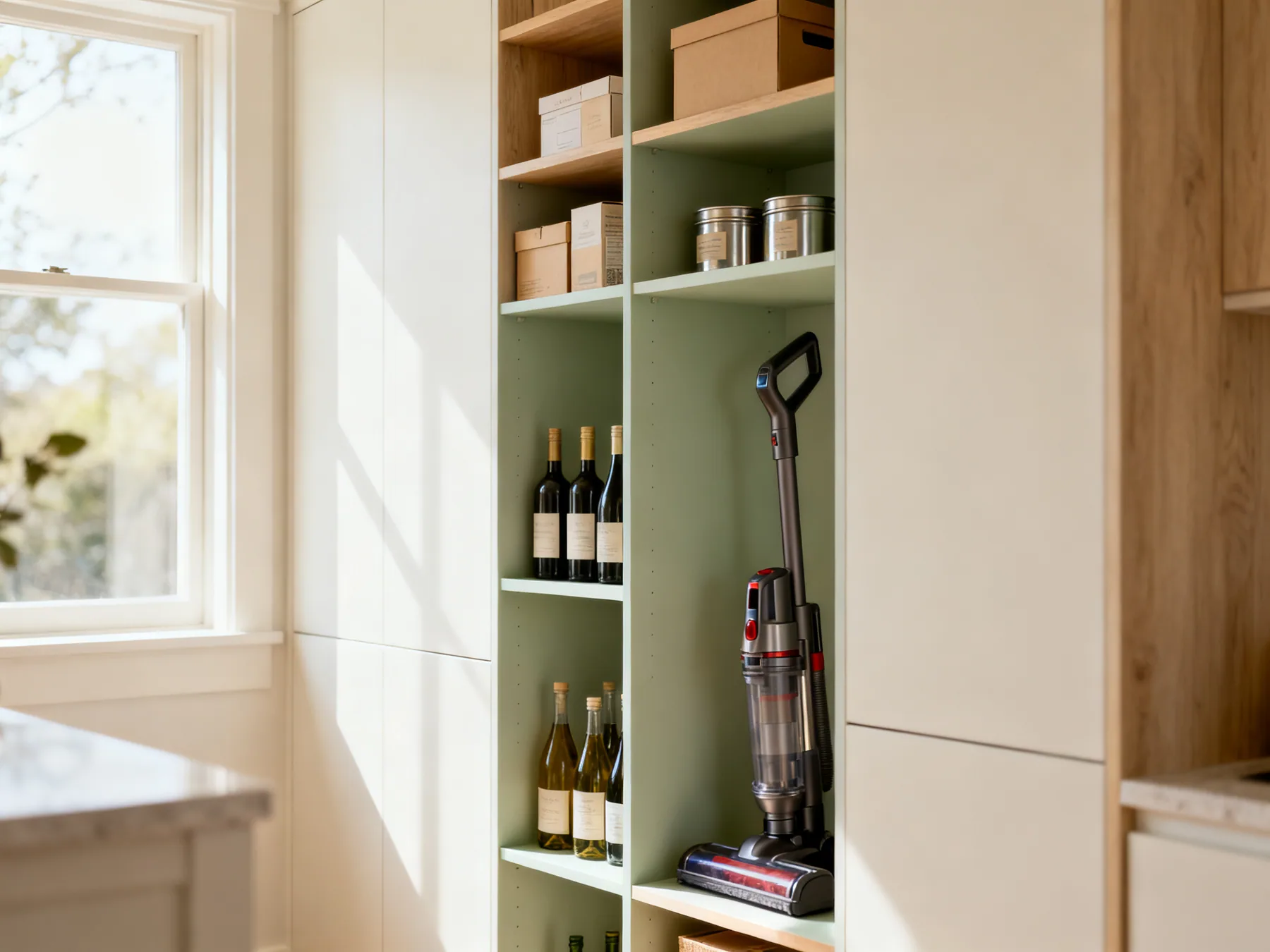 Space the shelves to the contents A cupboard interior with shelves set at different heights, a tall gap for bottles and a vacuum cleaner and tighter gaps above for boxes