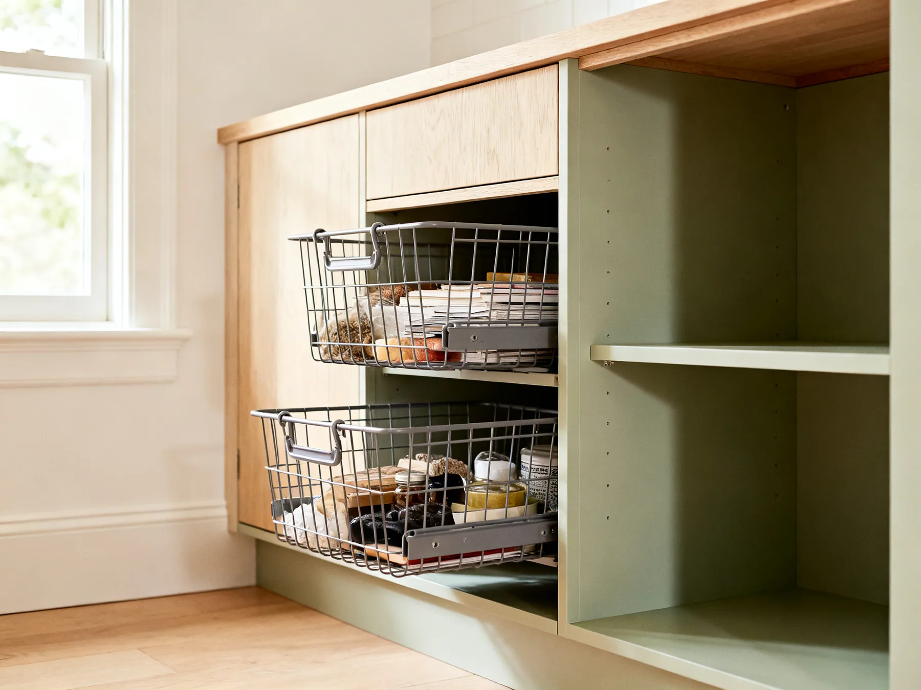 Deep shelves need something that comes out A deep cupboard shelf with pull-out wire baskets drawn halfway out beside a fixed deep shelf with its back in shadow