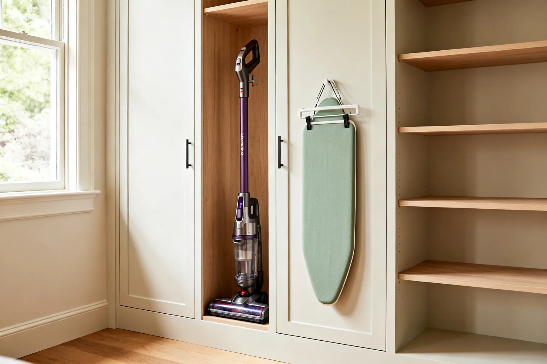Give the tall awkward things a full-height slot A tall cupboard with a vacuum cleaner in a full-height slot, an ironing board clipped inside the door and shelves alongside