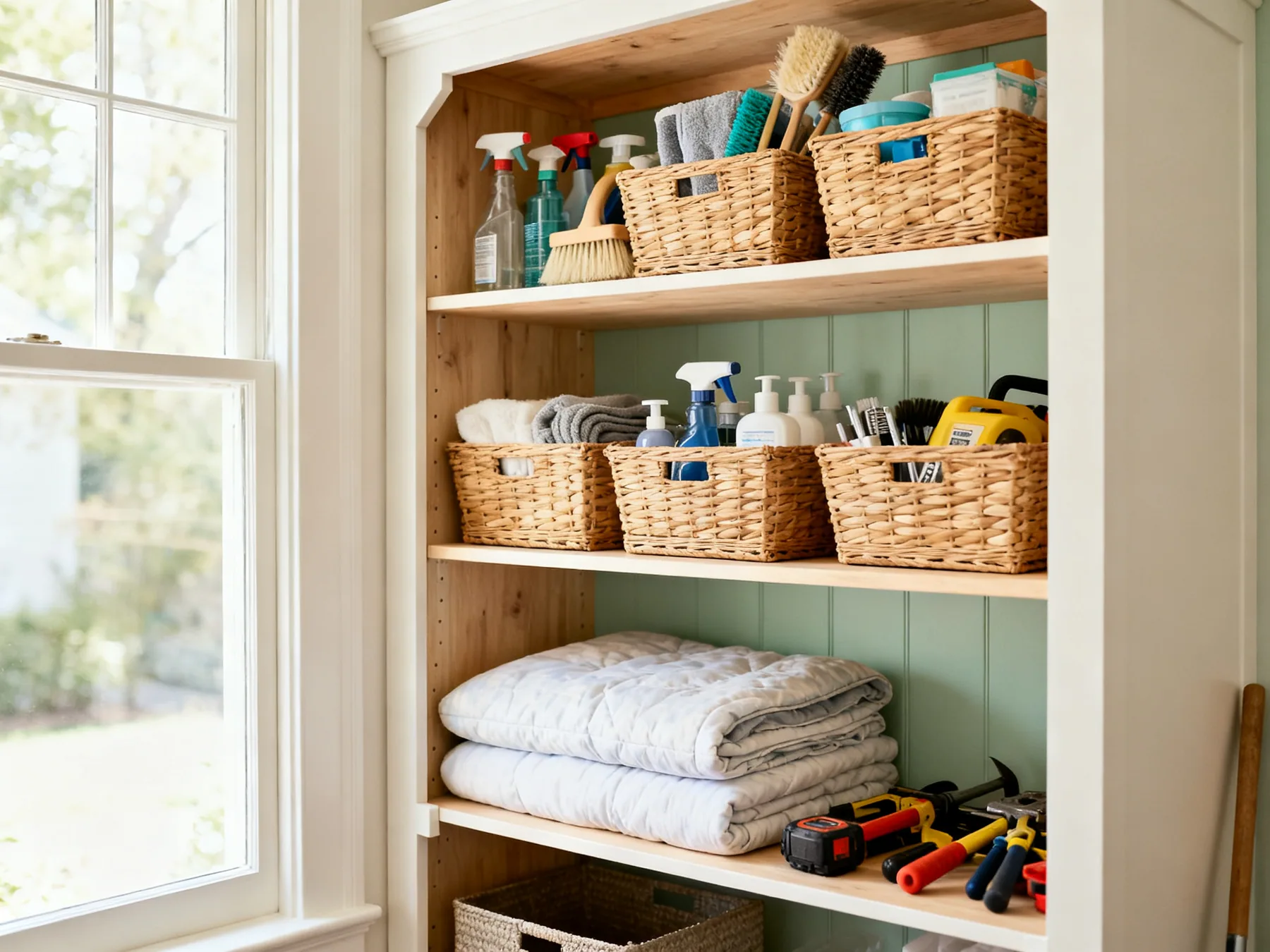 Zone it, or it becomes the everything cupboard An organised cupboard with labelled baskets grouped by purpose, cleaning, spare bedding and tools each on their own labelled shelf