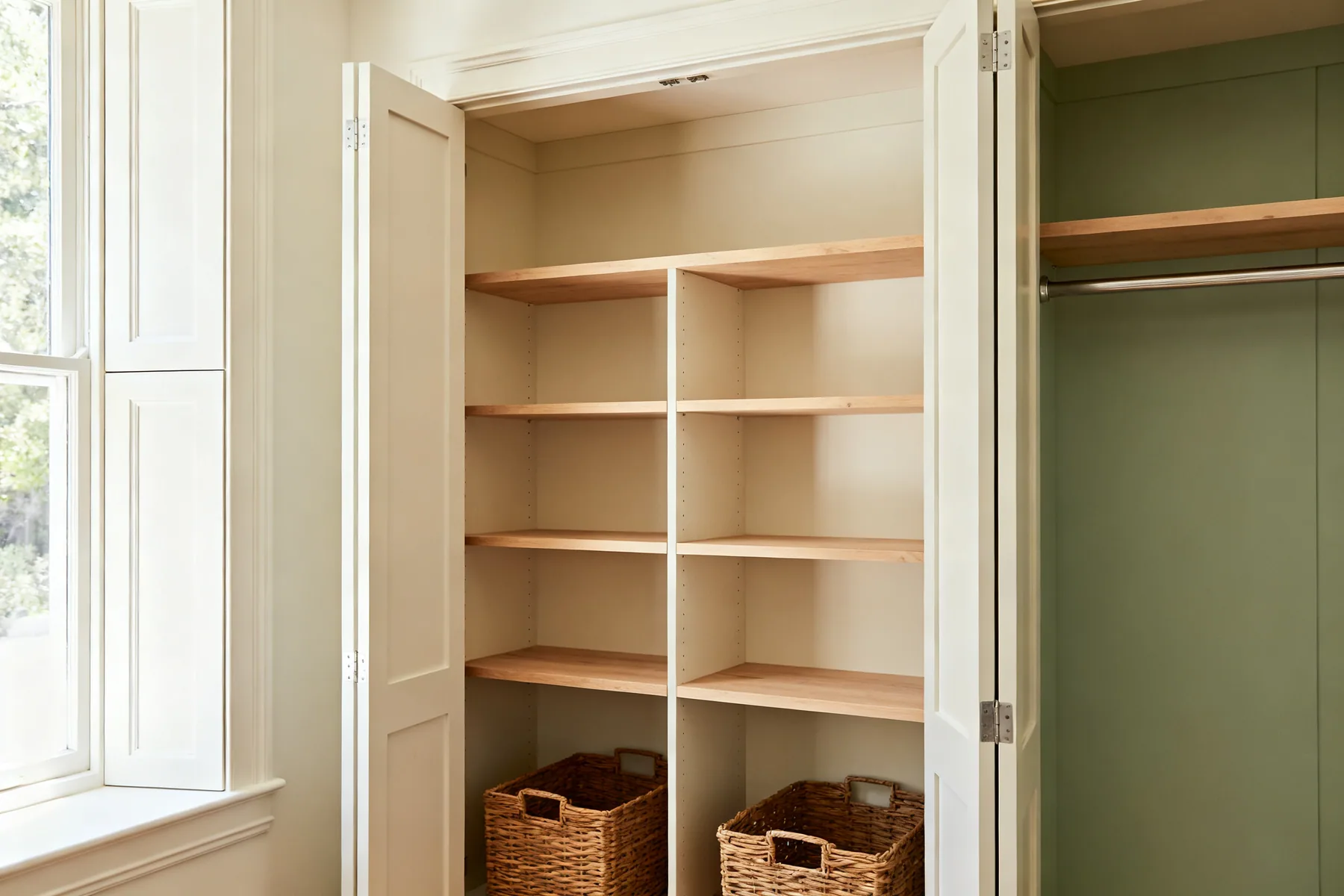 An empty cupboard is mostly wasted height A deep built-in cupboard with doors open, fitted with adjustable shelves at different spacings, baskets below and a hanging rail at the top
