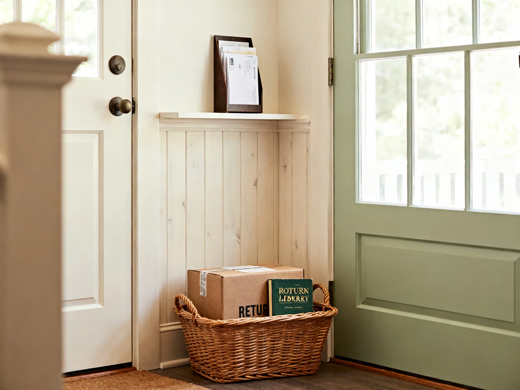 A basket for things leaving the house A basket by a front door holding a parcel to return and a library book, with an upright tray of letters on the shelf above