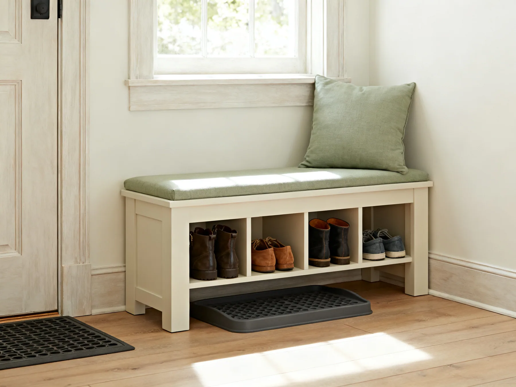 Sitting down is what gets shoes put away An entryway bench about 350mm deep with open shoe cubbies beneath, a cushion on the seat and a boot tray beside it