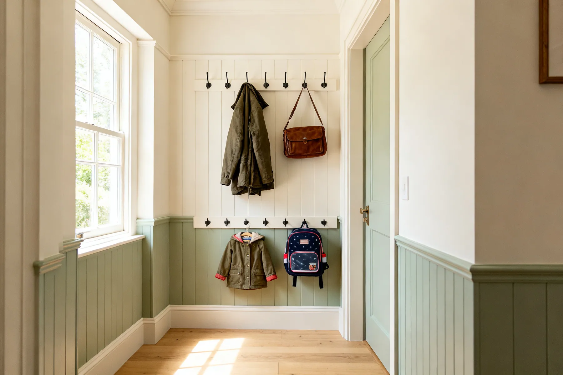 Two heights, always An entryway wall with hooks at adult height holding coats and a bag, and a lower row at child height with a small coat and school bag