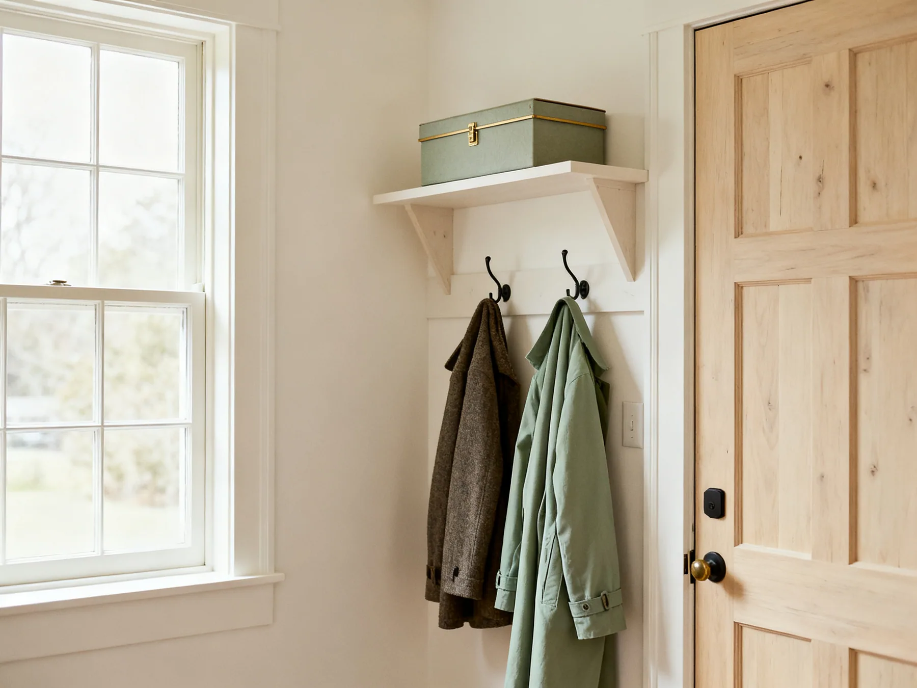 Only this season on the hooks An entryway with only two coats on the hooks and a labelled lidded box on a high shelf above the door for out-of-season outerwear
