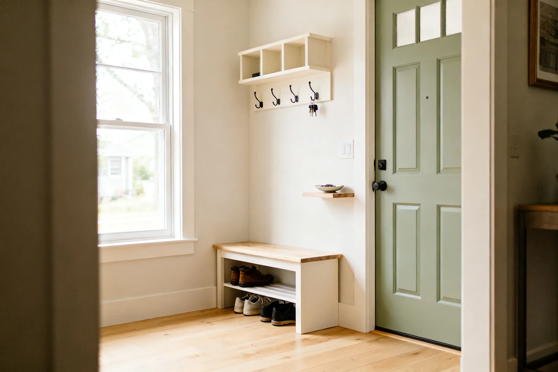 Everything arriving needs somewhere within a metre A tidy entryway with a bench, hooks at two heights above it, a shoe rack beneath and a small shelf with a key dish