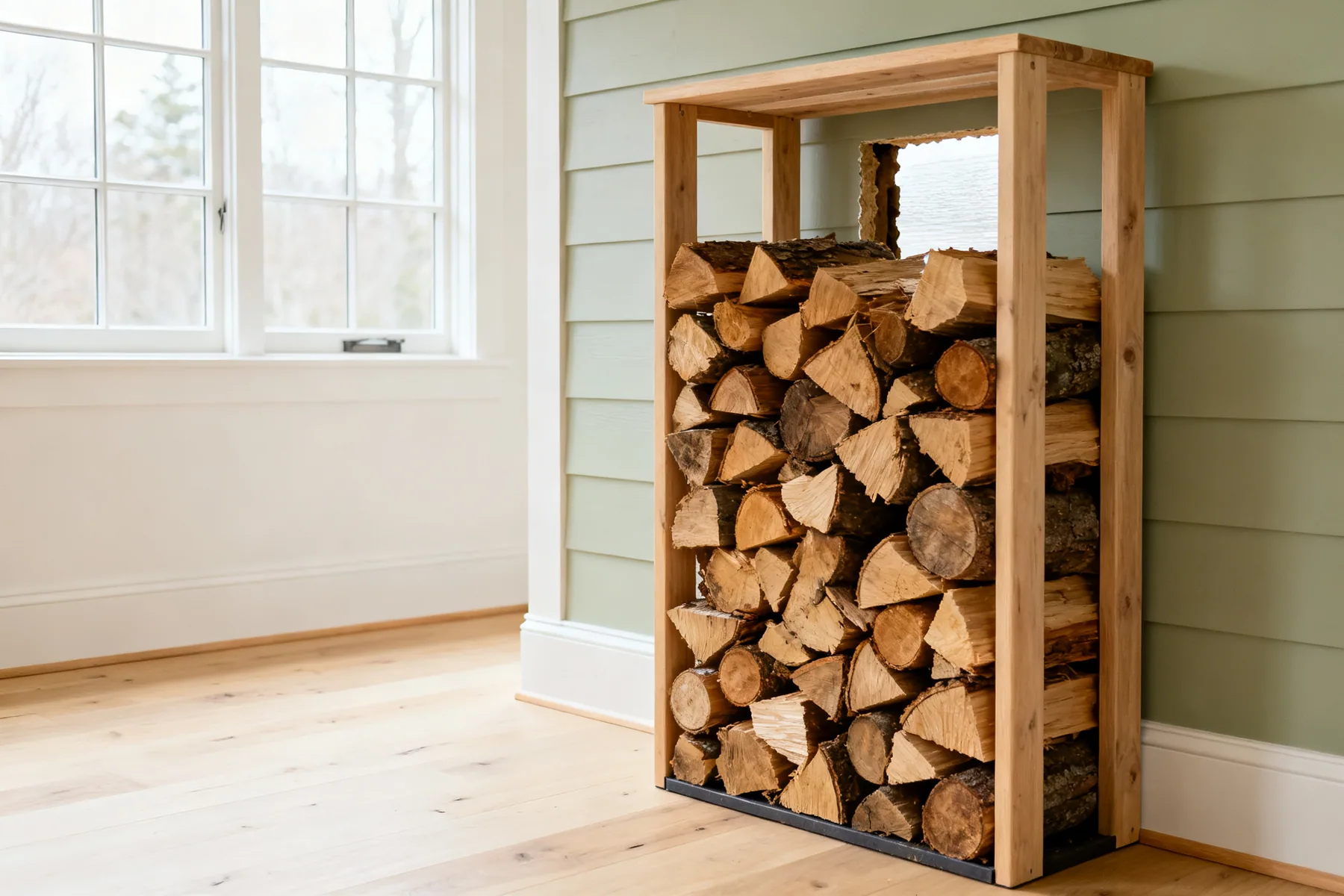 Keep the stack off the house wall A log store with a visible gap between the back of the stack and the house wall, allowing air to pass behind