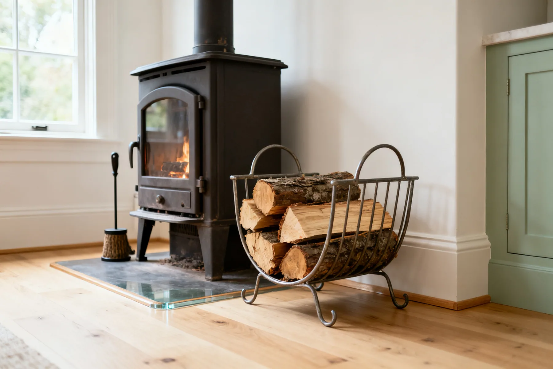 Bring in only a few days at a time A metal log basket beside a wood burning stove holding a few days of split logs, with a clear floor around it