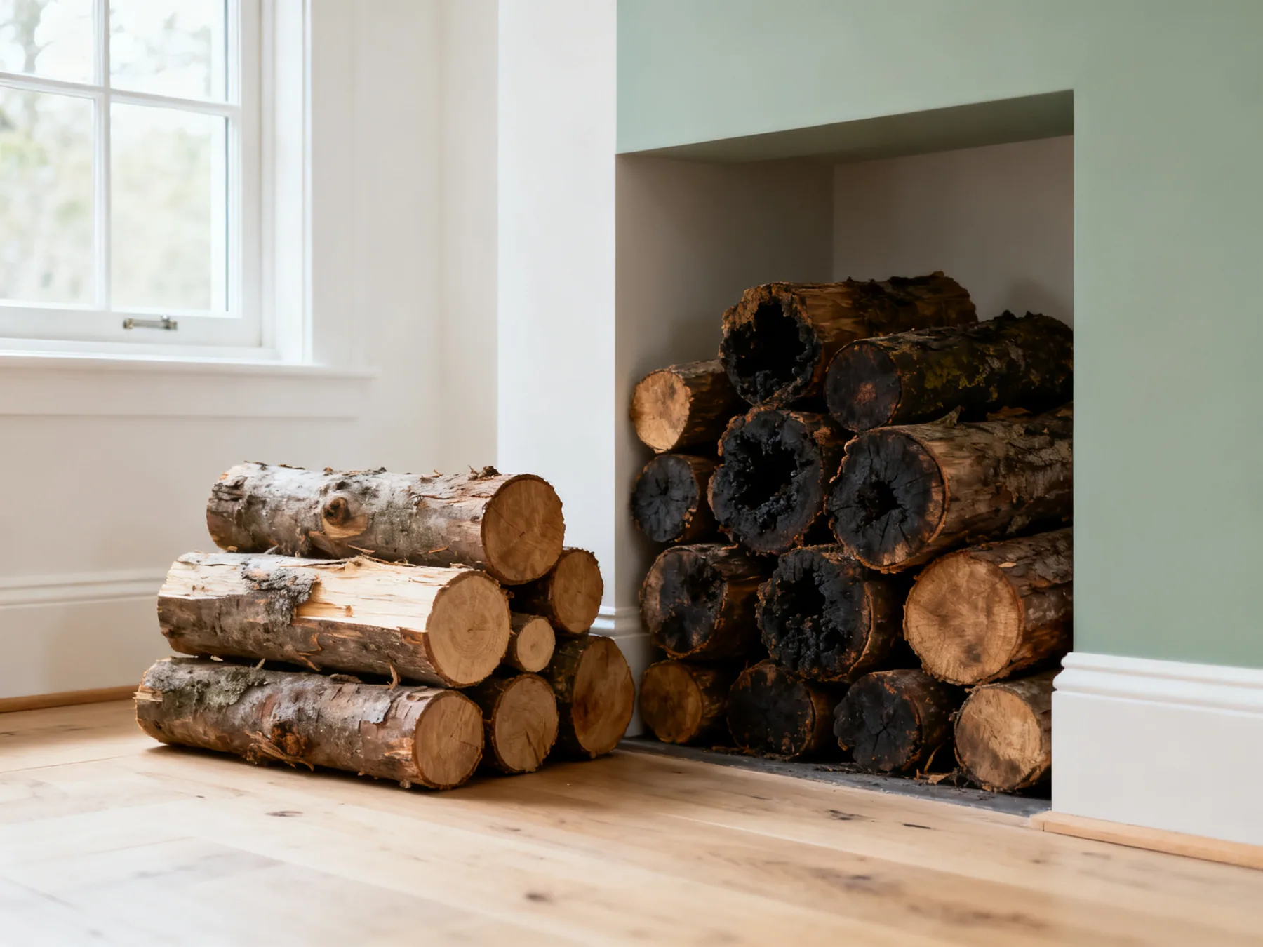 One row deep dries, a deep pile does not A single-row log stack with clear air gaps beside a deep multi-row pile with dark damp logs in the middle
