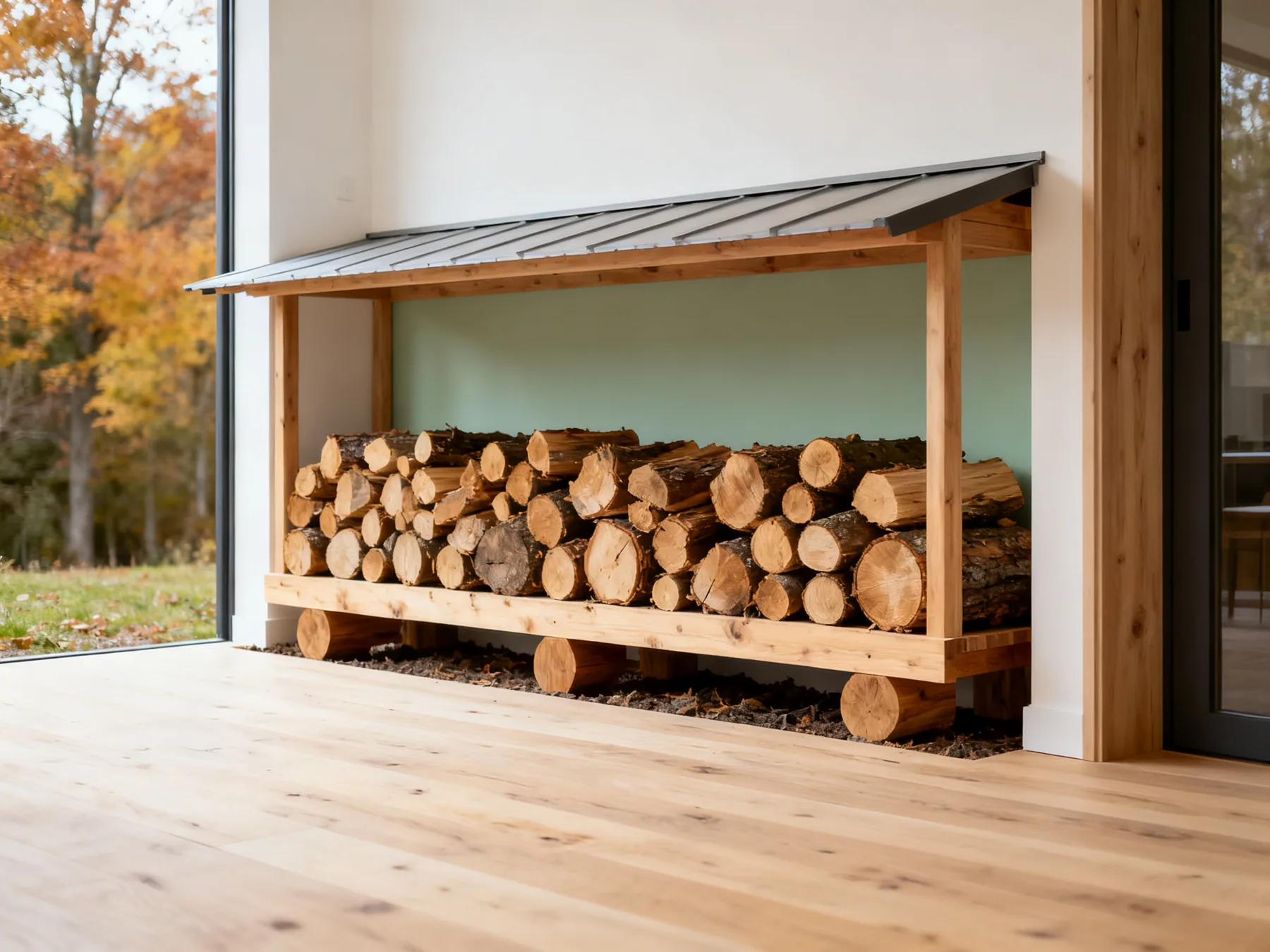 Covered on top, open at the sides A neat log stack raised on timber bearers clear of the ground, single row deep, with a roof cover overhanging but open sides