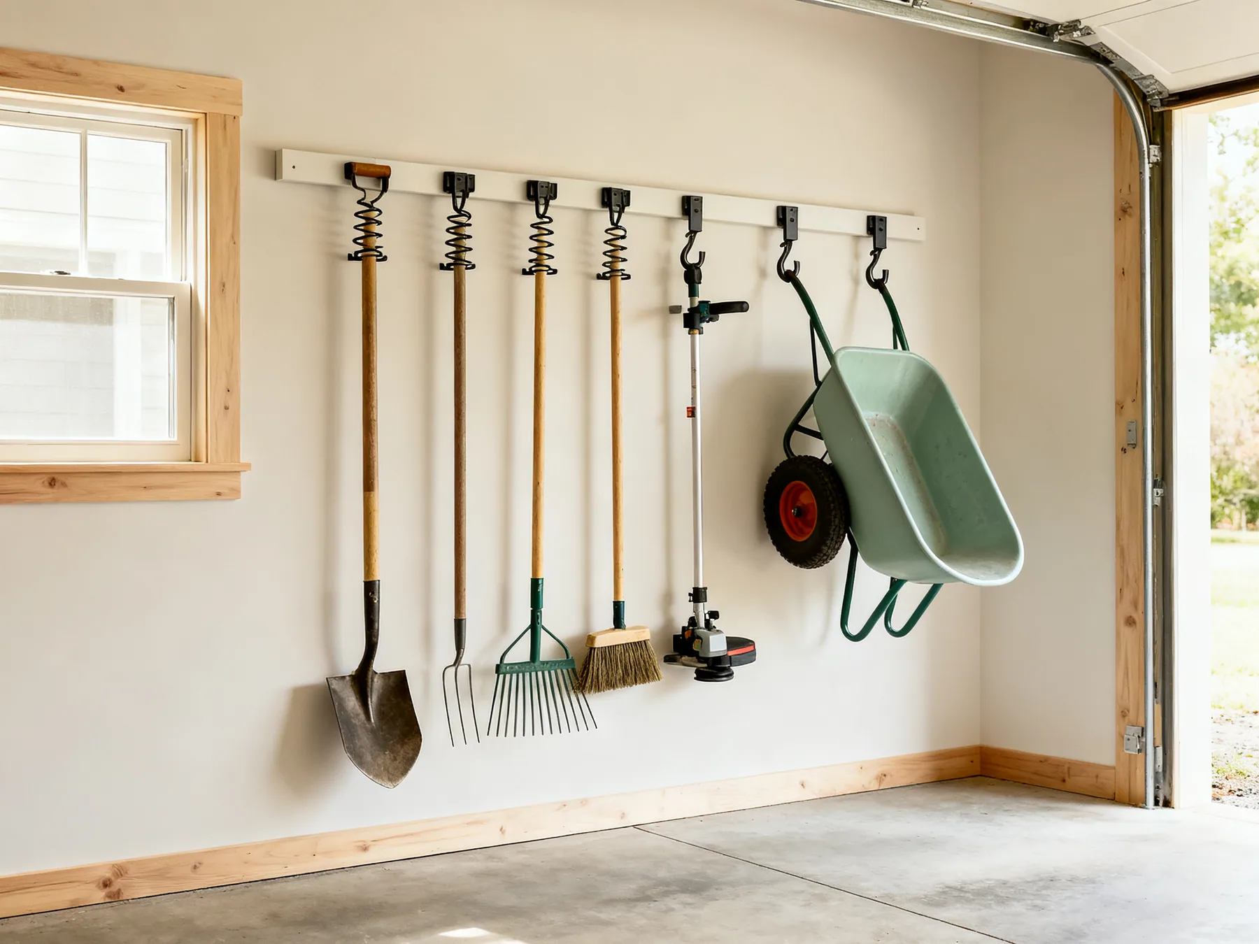 Long handled tools upright on a rail, off the floor A horizontal garage wall rail with spring grips holding a spade, rake, broom and strimmer upright with handles clear of the floor, and a wheelbarrow hung vertically beside them