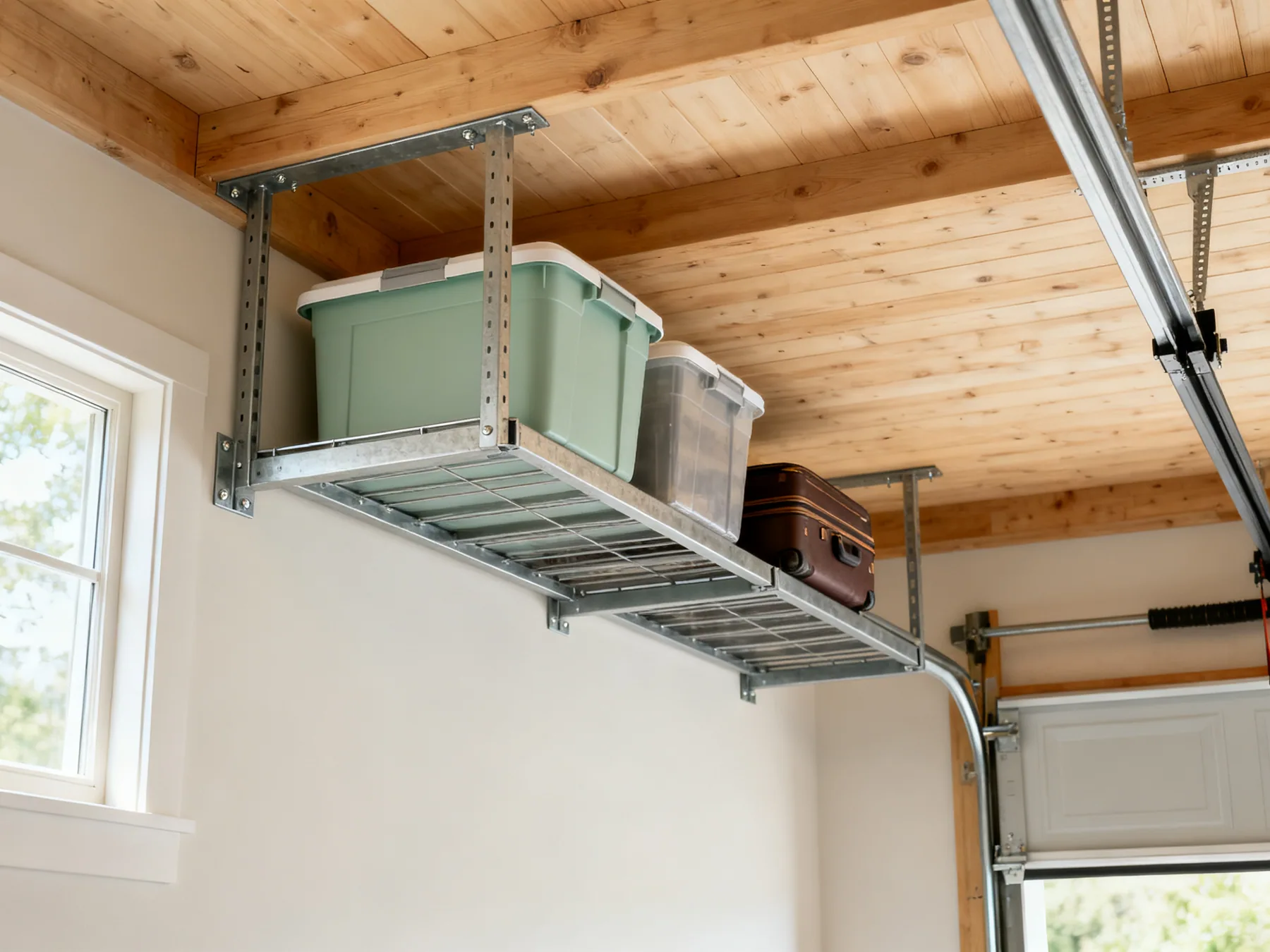 Overhead racks belong at the perimeter, not over the car A steel overhead storage rack bolted into garage ceiling joists holding lidded crates and a suitcase, positioned along the side wall clear of the garage door track