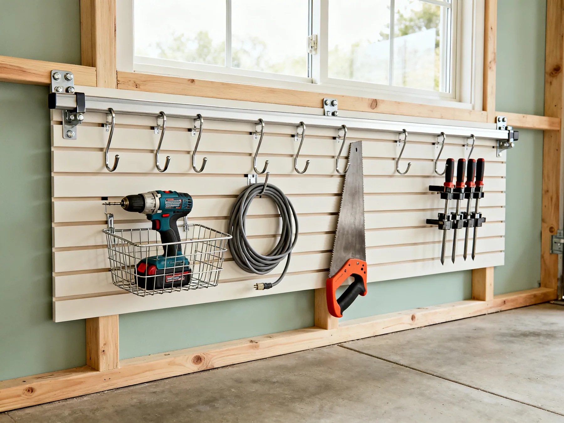 A slatwall track wall, rearranged in seconds A close view of a garage slatwall track system with grooved horizontal rails carrying steel hooks and wire baskets holding a cordless drill, coiled extension lead, hand saw and clamps