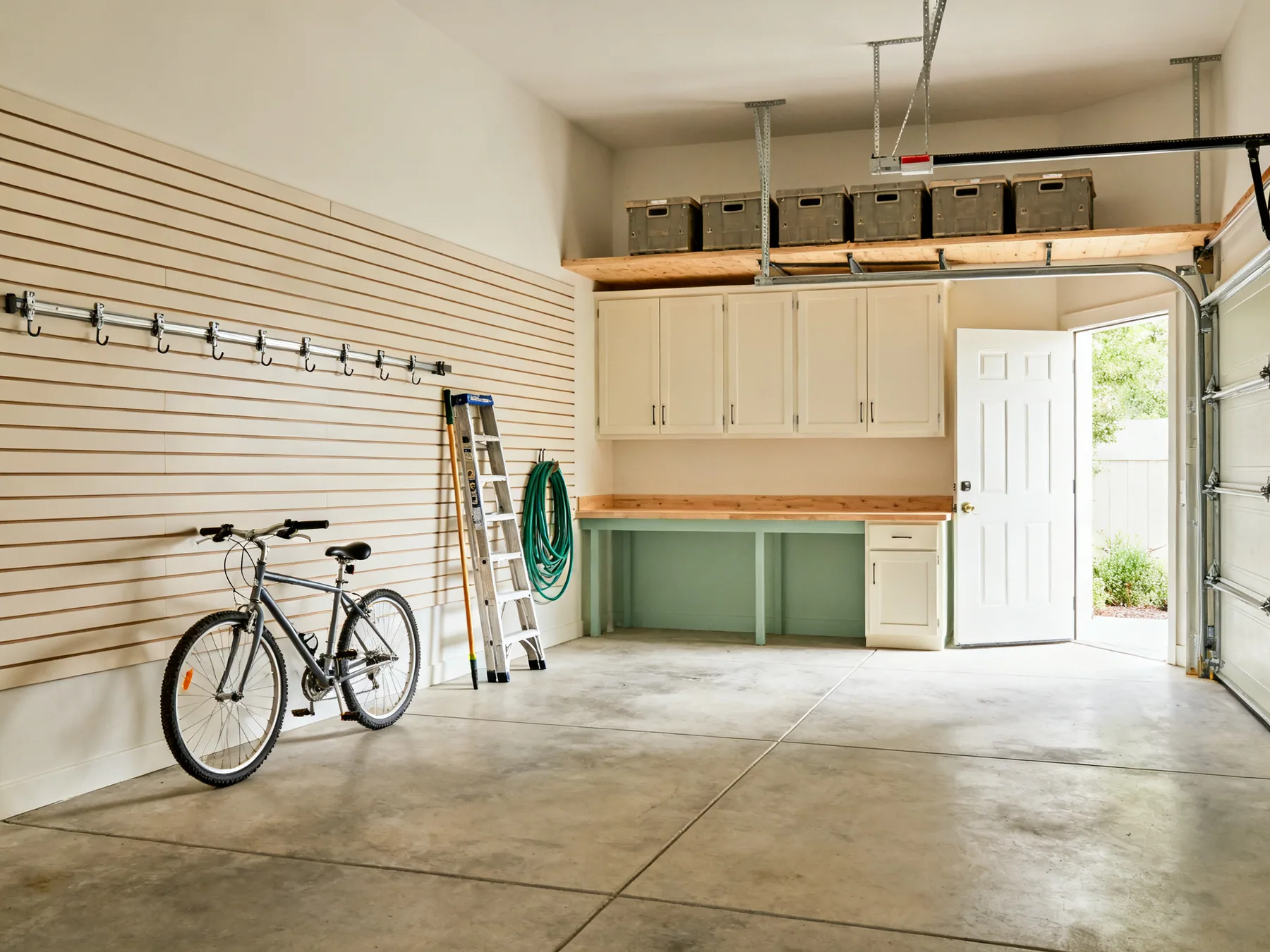 A garage with the storage on the walls instead of the floor A single car garage with a clear floor, a slatwall track system holding a bicycle, ladder, hose and long handled tools, wall cabinets over a workbench, and an overhead rack of lidded crates