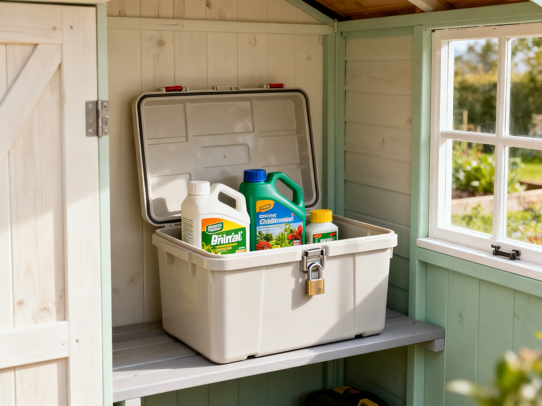 Chemicals sealed, labelled and locked A lockable plastic box on a shed shelf holding garden chemicals in original labelled containers with the lid open