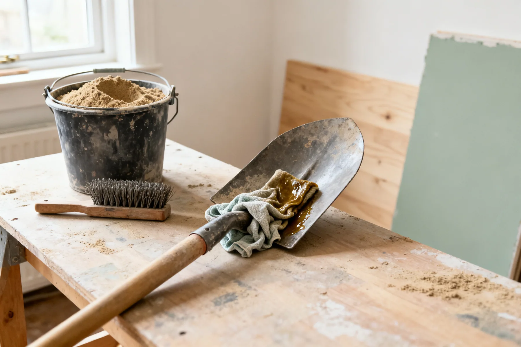 Clean and oil before winter A spade blade being wiped with an oily rag on a workbench beside a bucket of sand and a wire brush