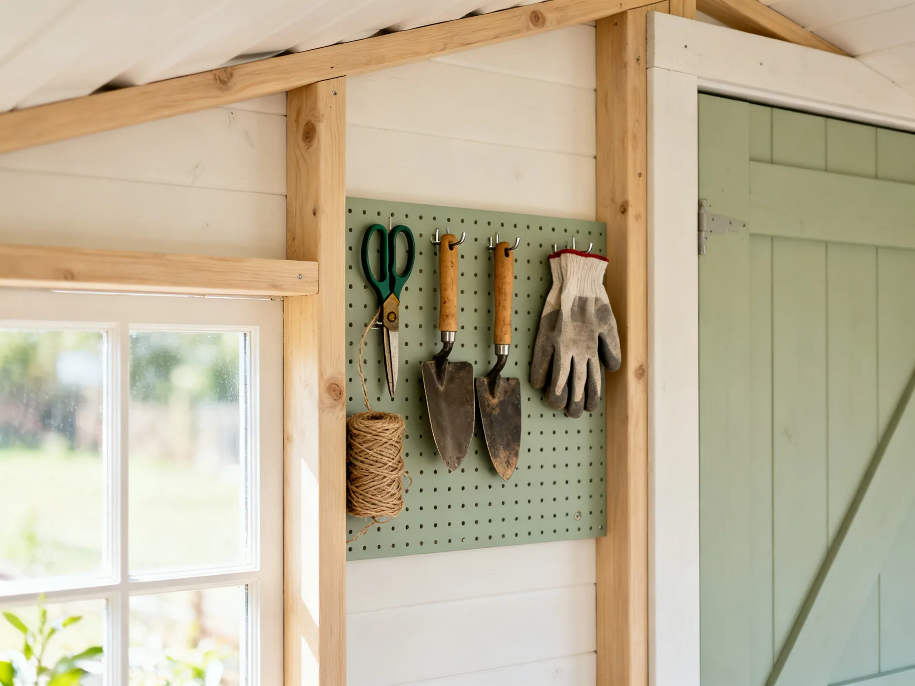 Small tools need to be seen A pegboard between shed studs holding secateurs, trowels, gloves and twine, each visible at a glance