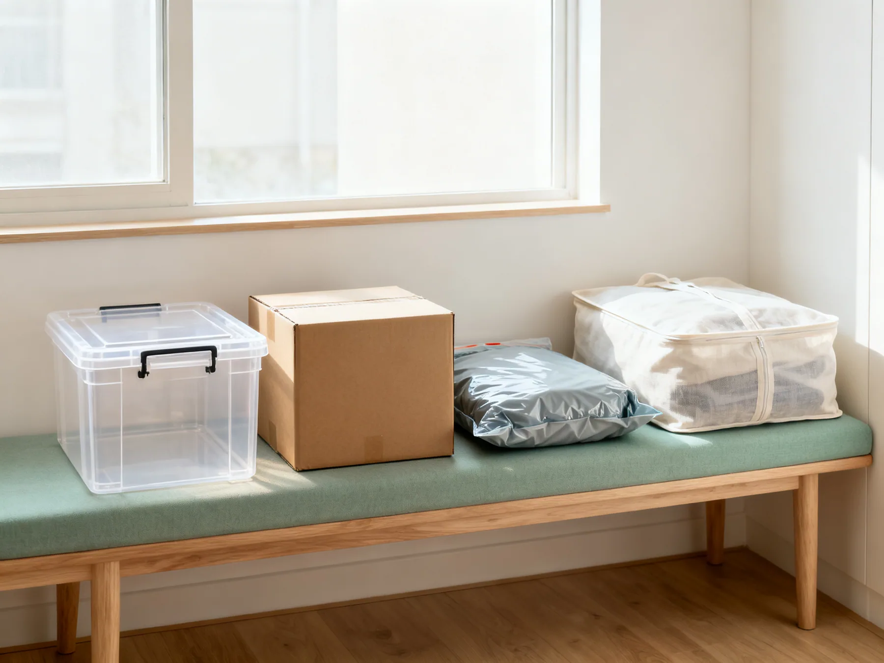 The four containers, and what each is for Four storage container types side by side: a rigid clear clip-lid box, a cardboard box, a part-compressed vacuum bag and a breathable cotton garment bag