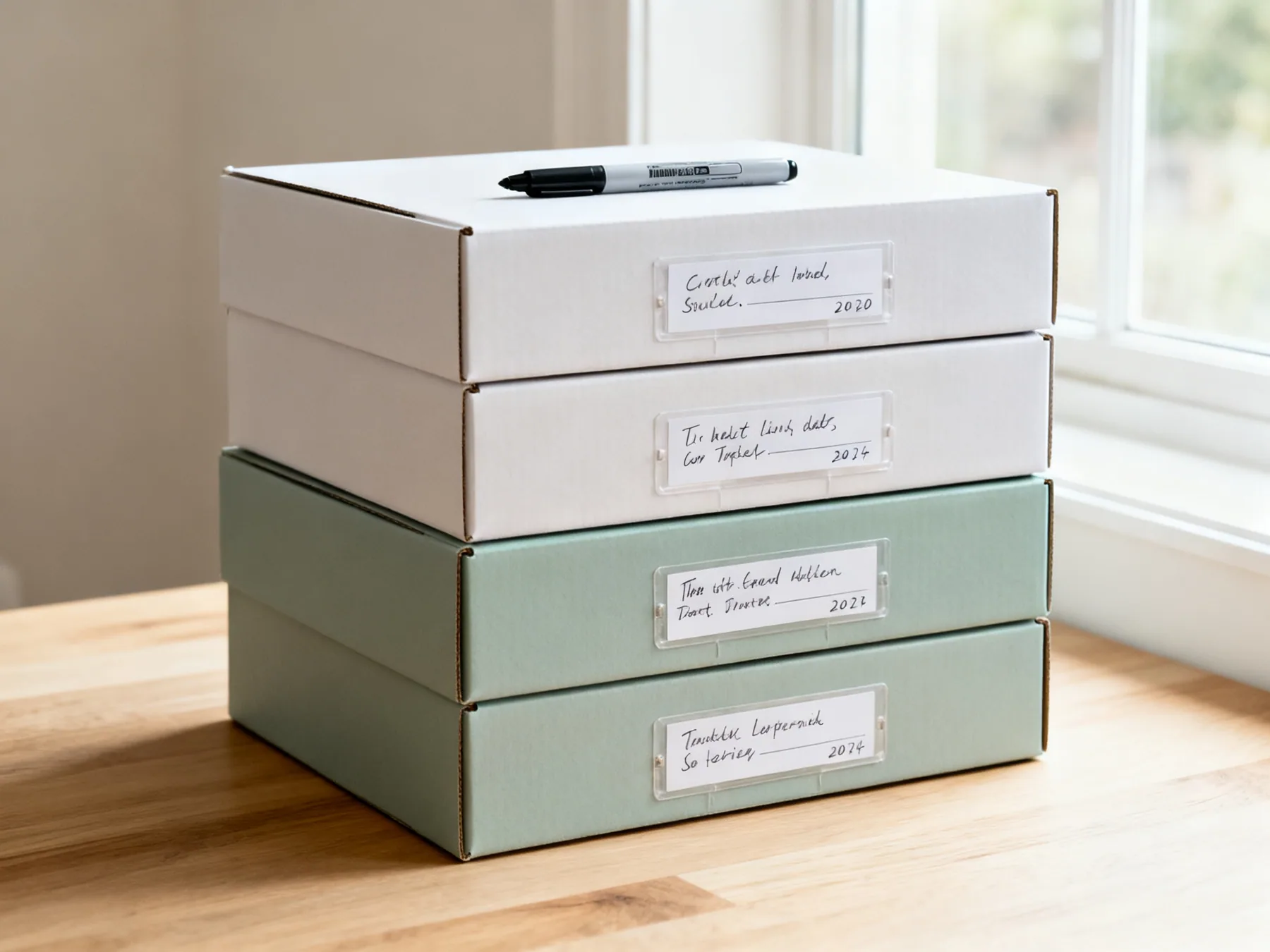 Label the sides, never the lid A stack of four rigid storage boxes with handwritten labels on the short ends rather than the lids, each showing a description and a date