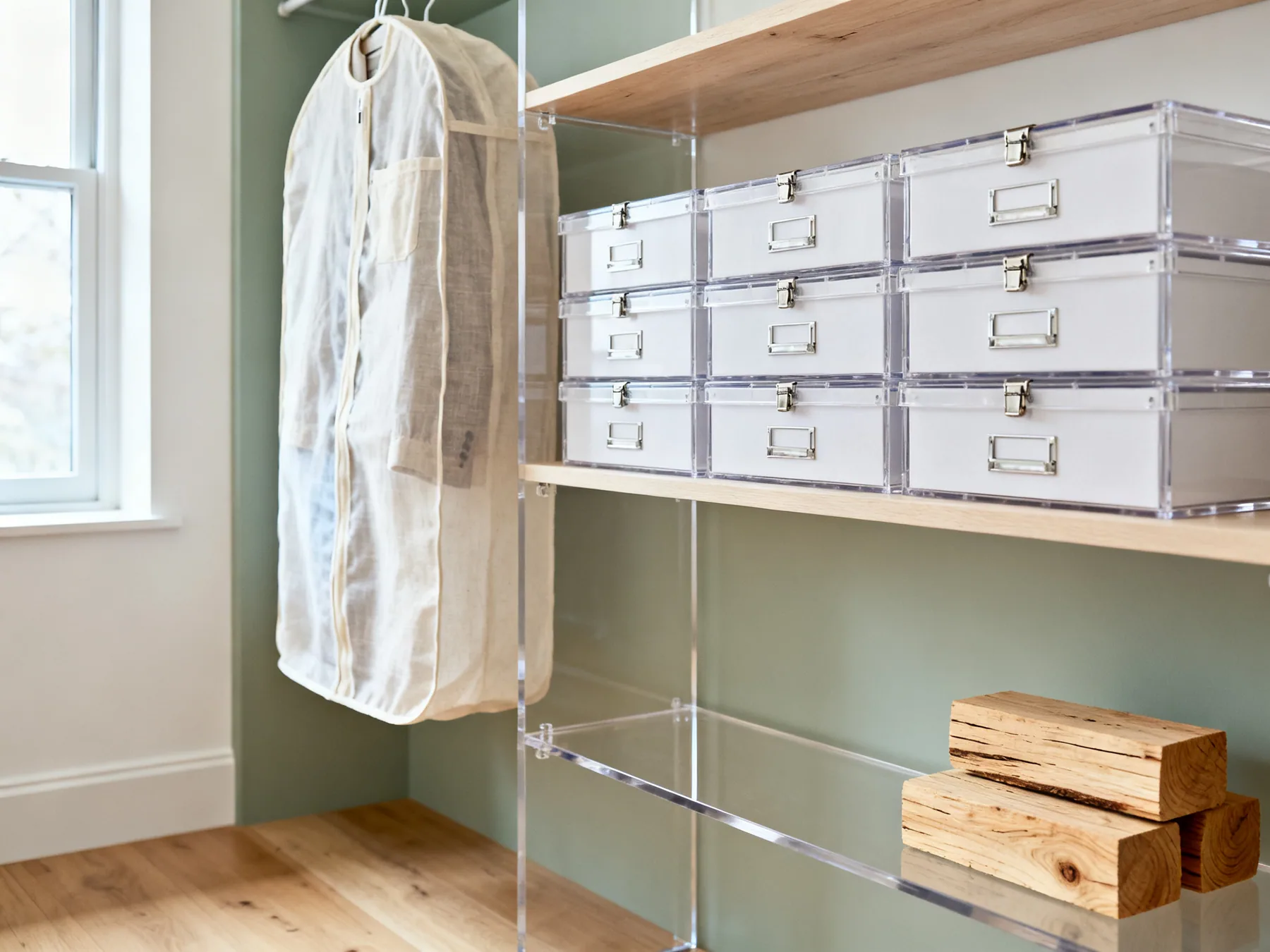 Stable, dry, off the floor An interior storage cupboard with rigid clip-lid boxes on shelving raised clear of the floor, a breathable cotton garment bag hanging beside them and cedar blocks on a shelf