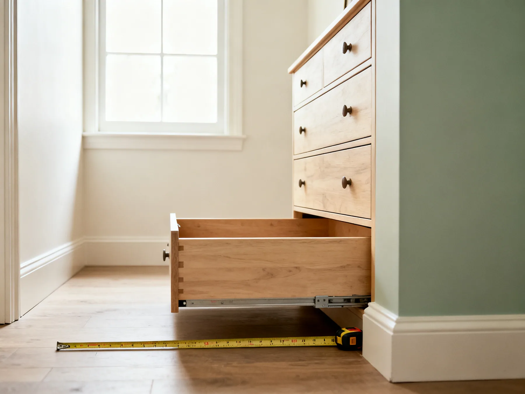 Clearance is the measurement people forget A chest of drawers with the bottom drawer fully open and a tape measure laid across the clear floor between the drawer front and the opposite wall