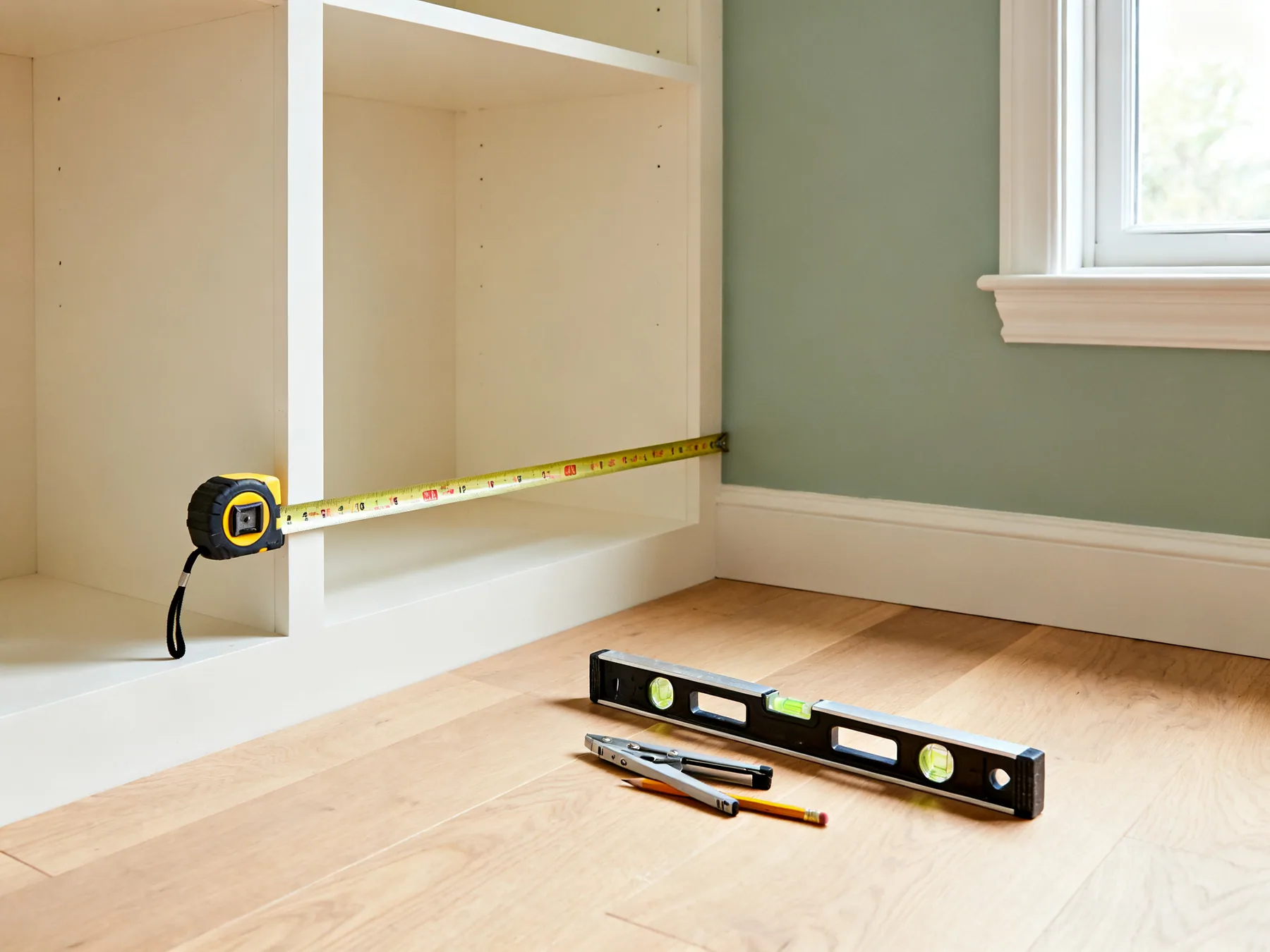 Measuring the alcove, not the furniture A steel tape measure extended across the inside of an empty alcove with a spirit level and folding rule resting nearby